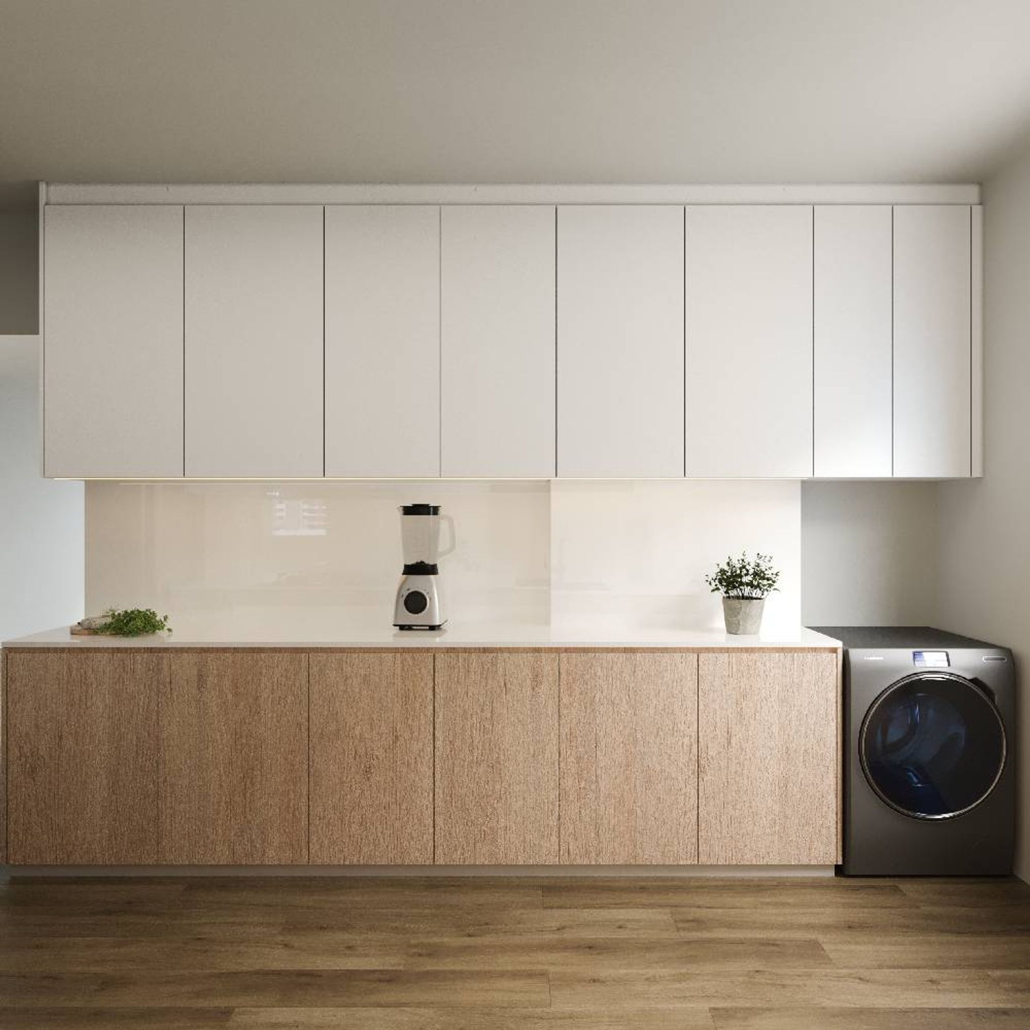 White And Wood Scandinavian Parallel Kitchen Design With White Glossy ...