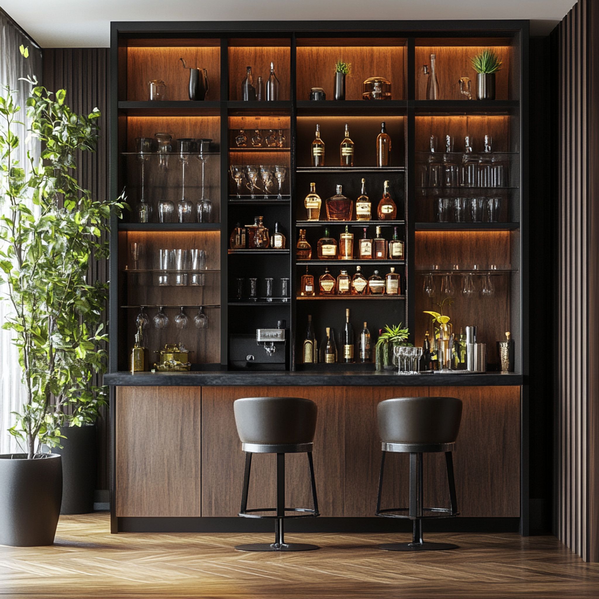 Chic and Luxurious Modern Home Bar Design with Slate Wall and Storage ...