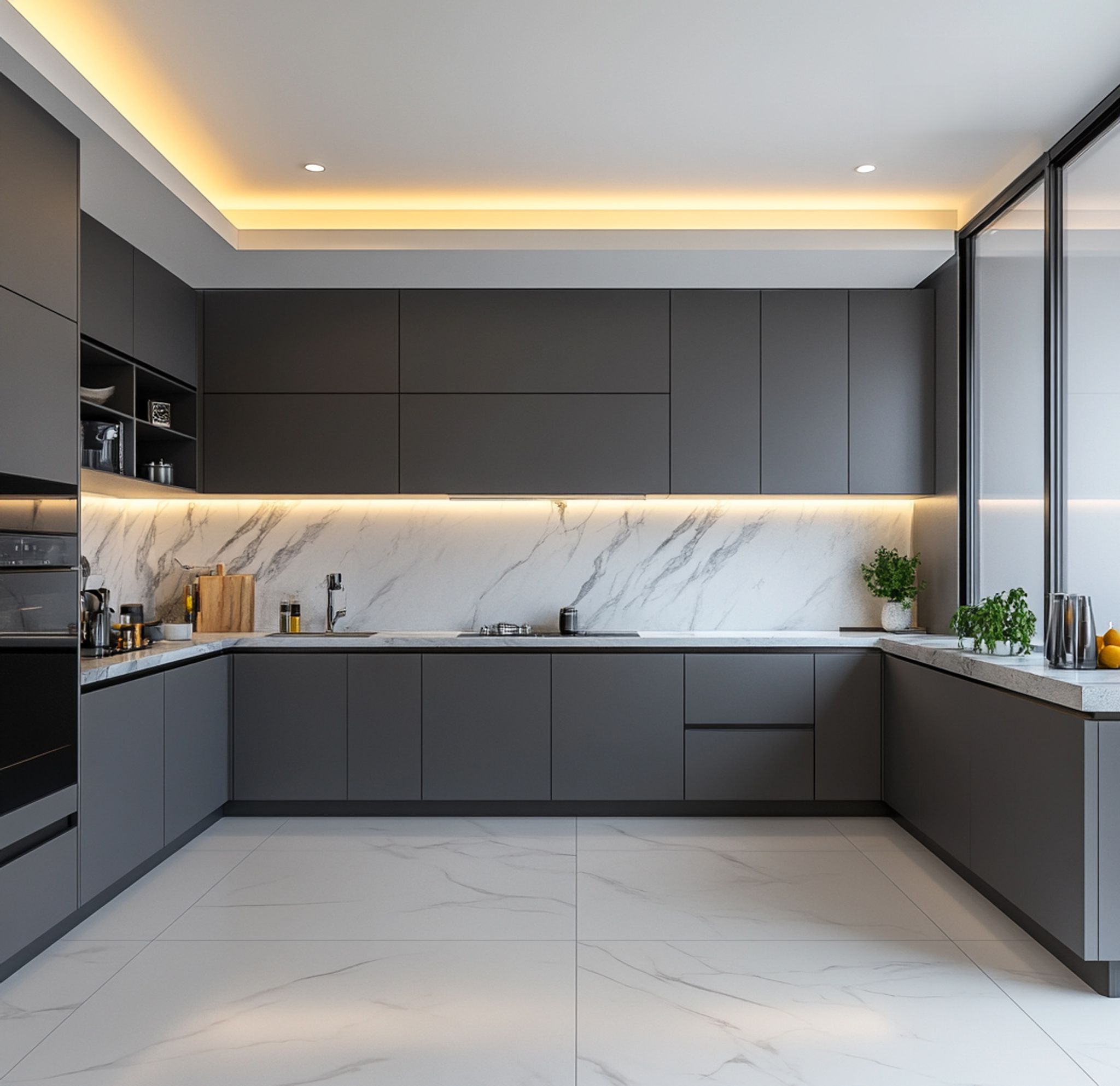 Grey U-Shaped Modern Kitchen Design with Cabinets with Drawers and ...