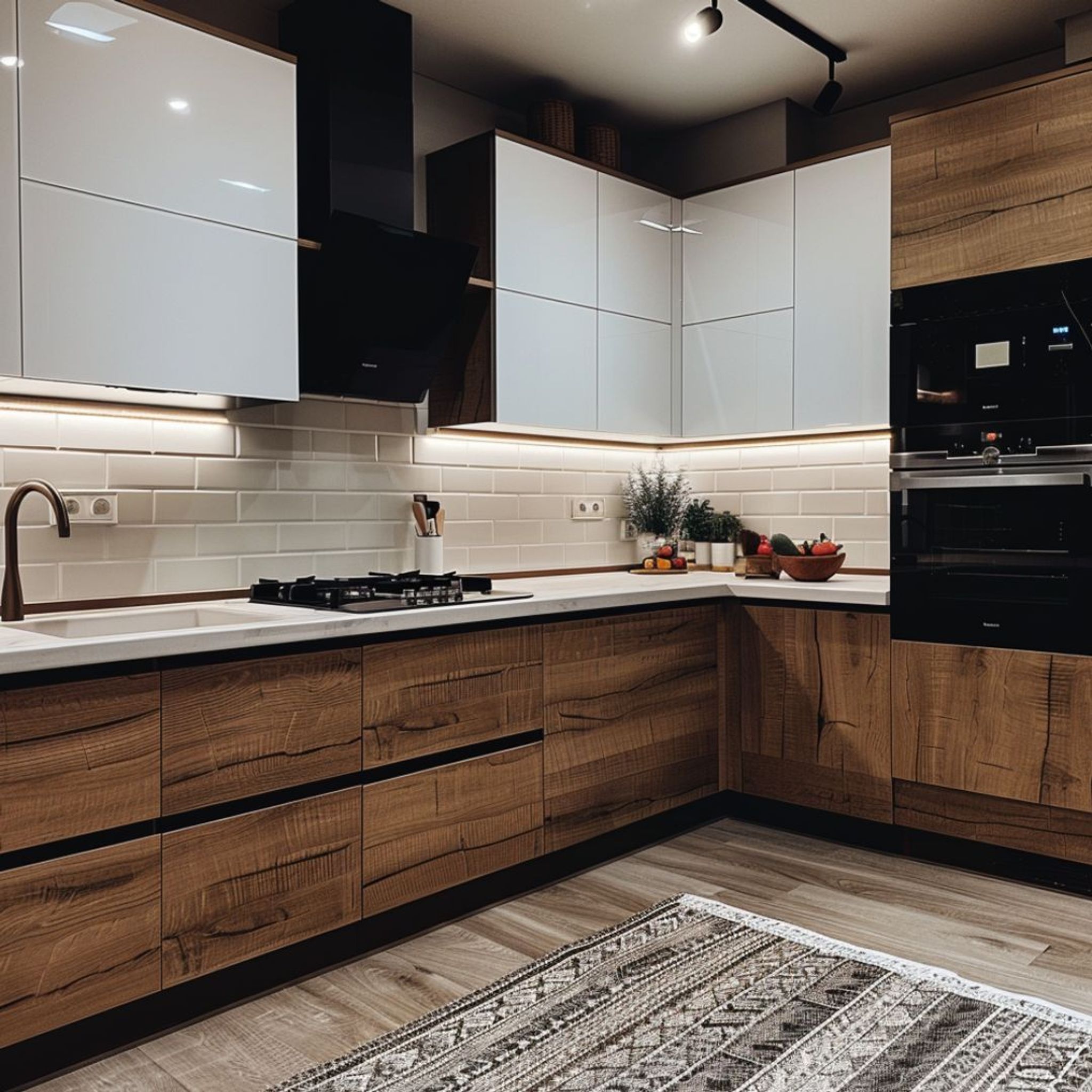 Stylish Contemporary LShaped Kitchen with Pullout Drawers and Tall