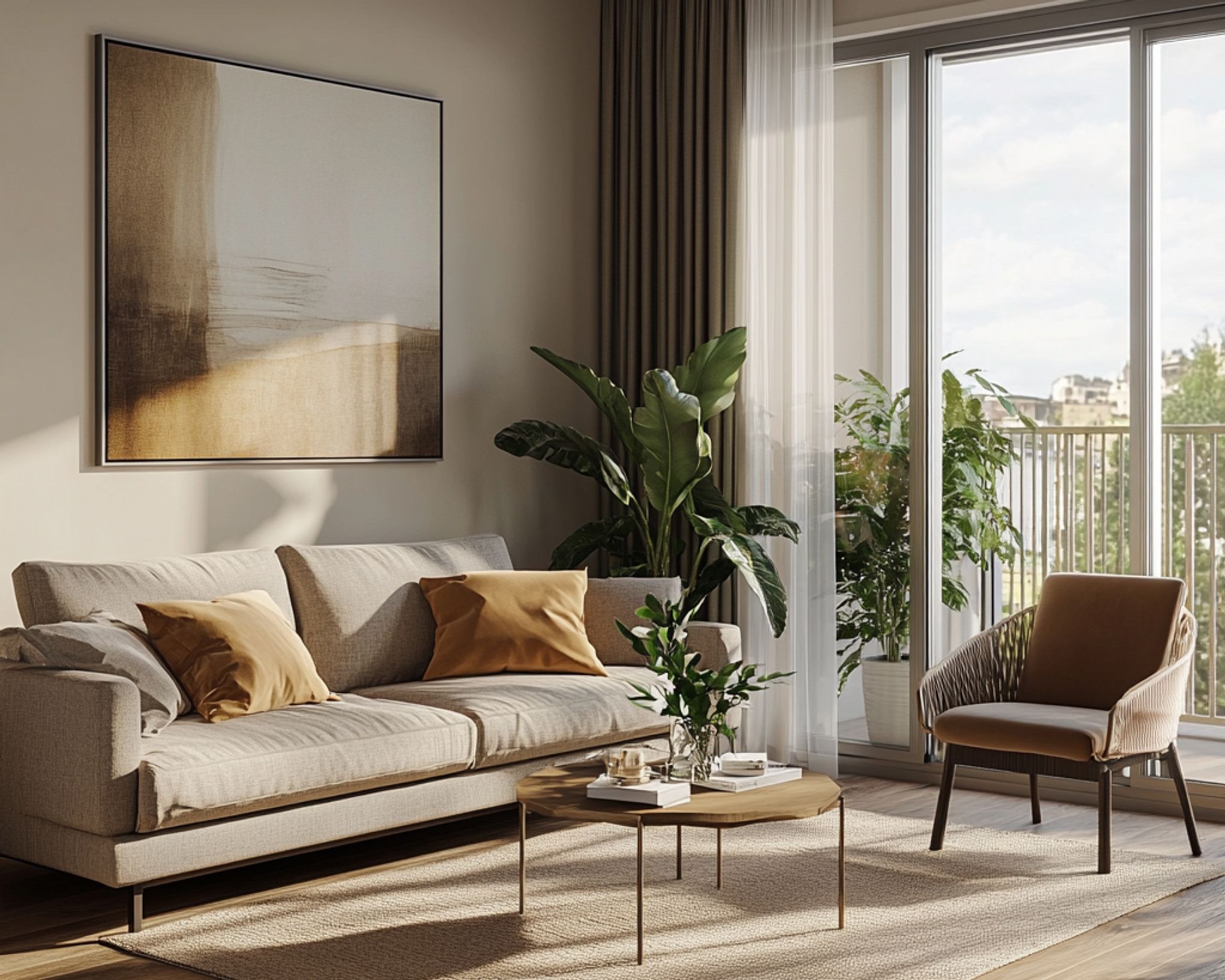 Living Room Design with Scandinavian Beige Sofa, Accent Chair, Rug, and ...