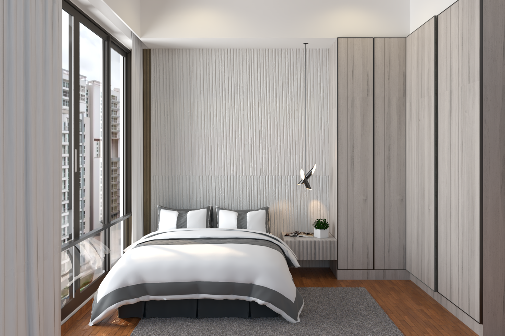 Grey Textured Wall Master Bedroom Interior Design with L-Shape Wardrobe ...