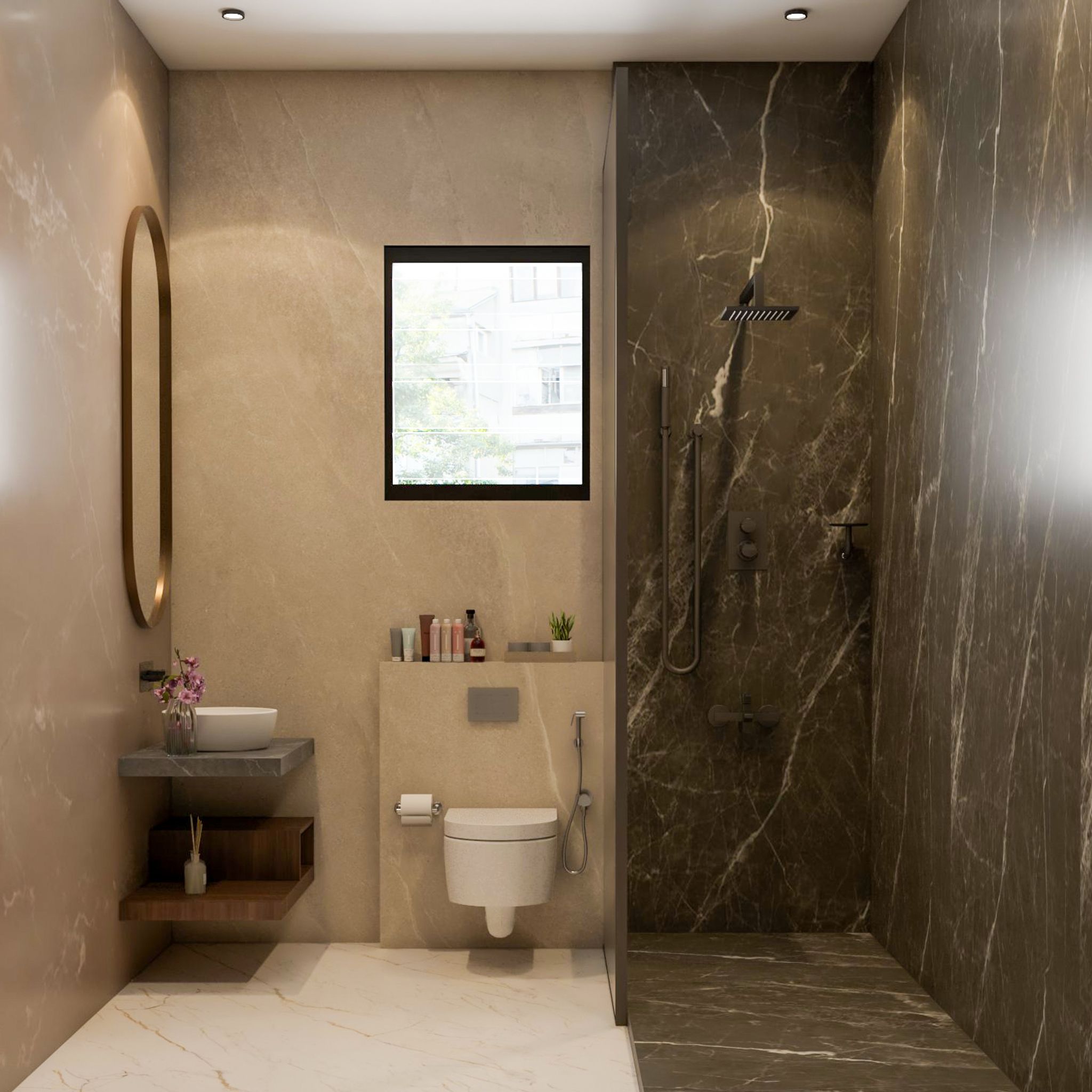 Beige And Dark Grey Bathroom Design With Wooden Ledge And Oval Mirror ...