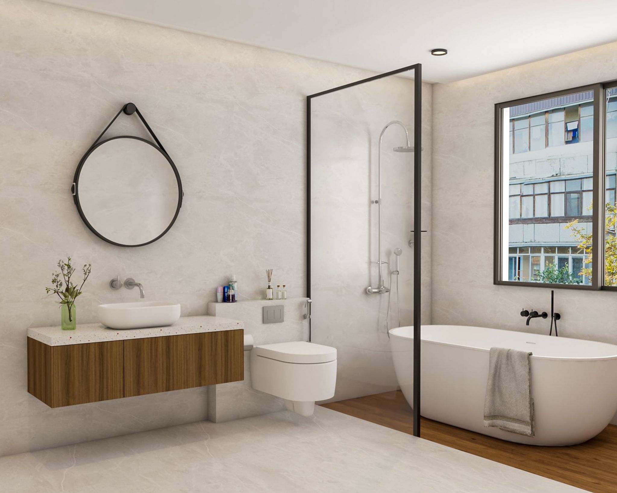 Beige And Wood Bathroom Design With White Bathtub Livspace