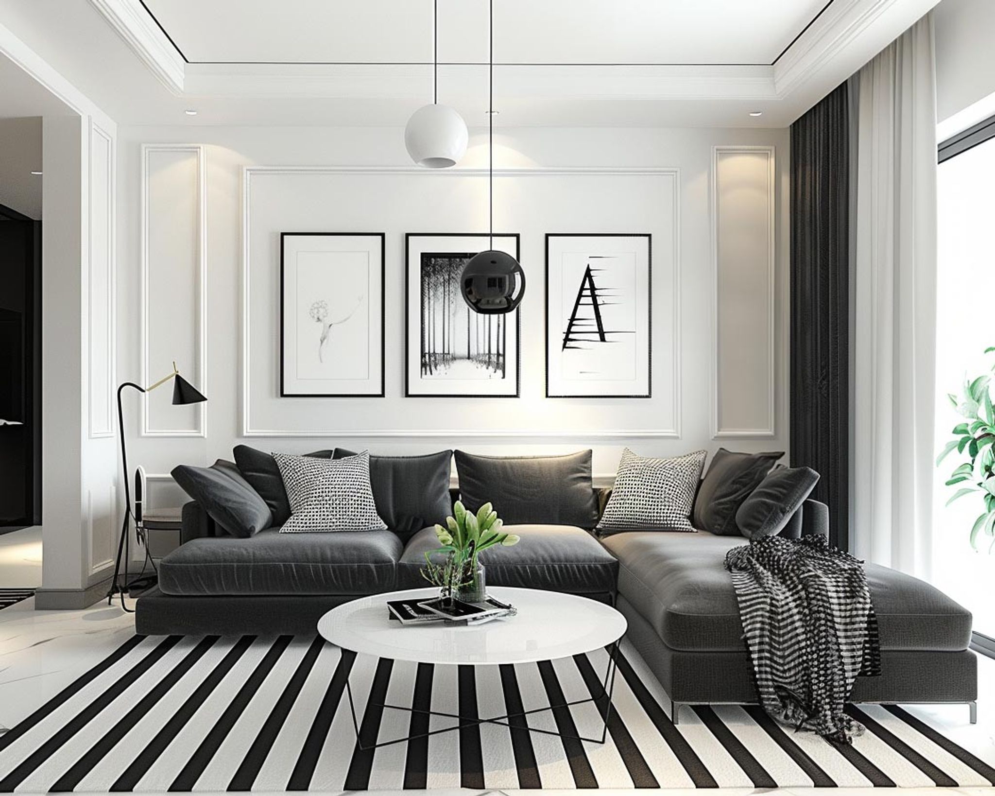 Subtle GreyThemed Living Room Design with LShaped Sofa and