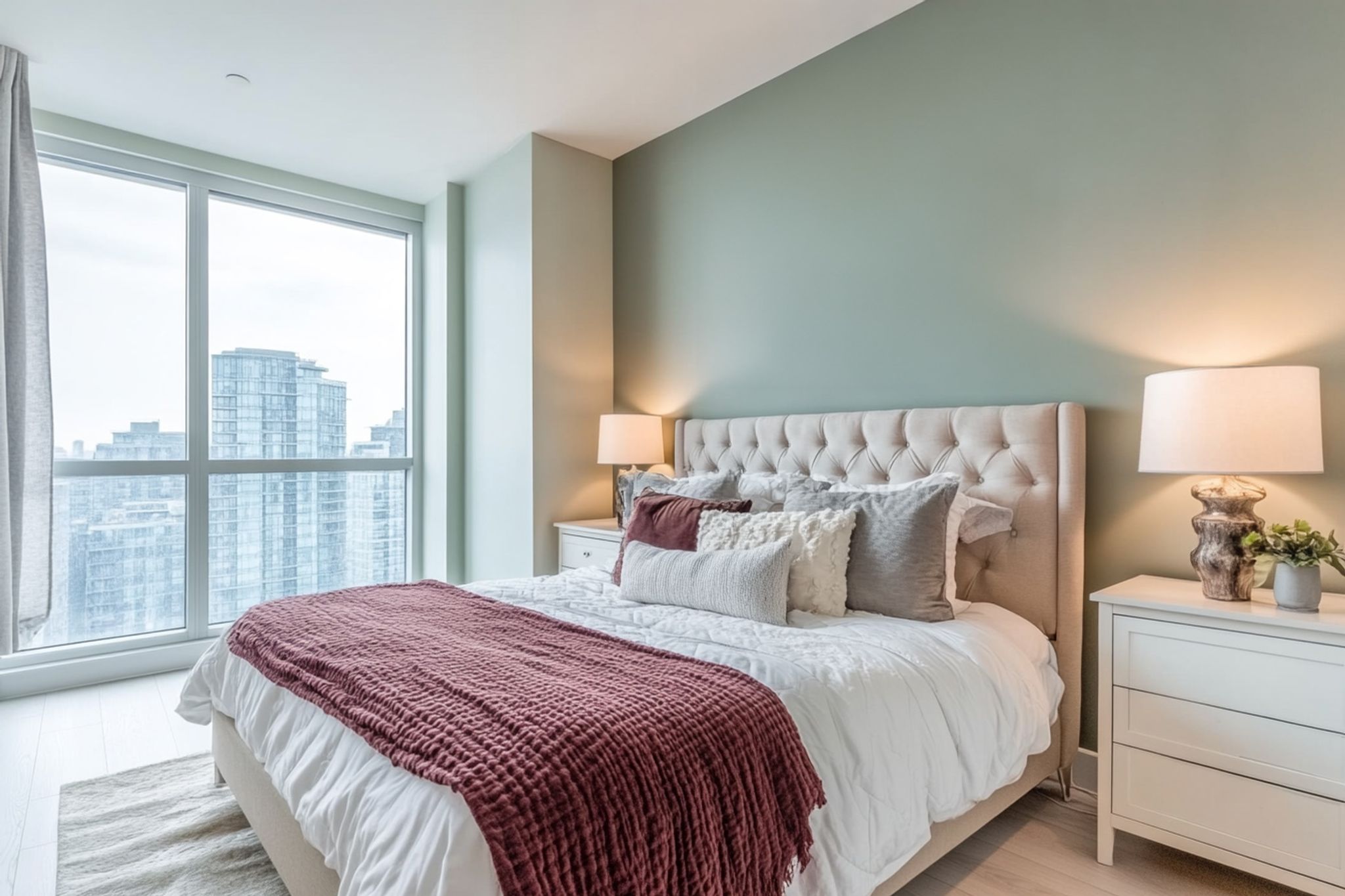 Master Bedroom Design with Modern Cream Tufted Headboard and Ceiling ...