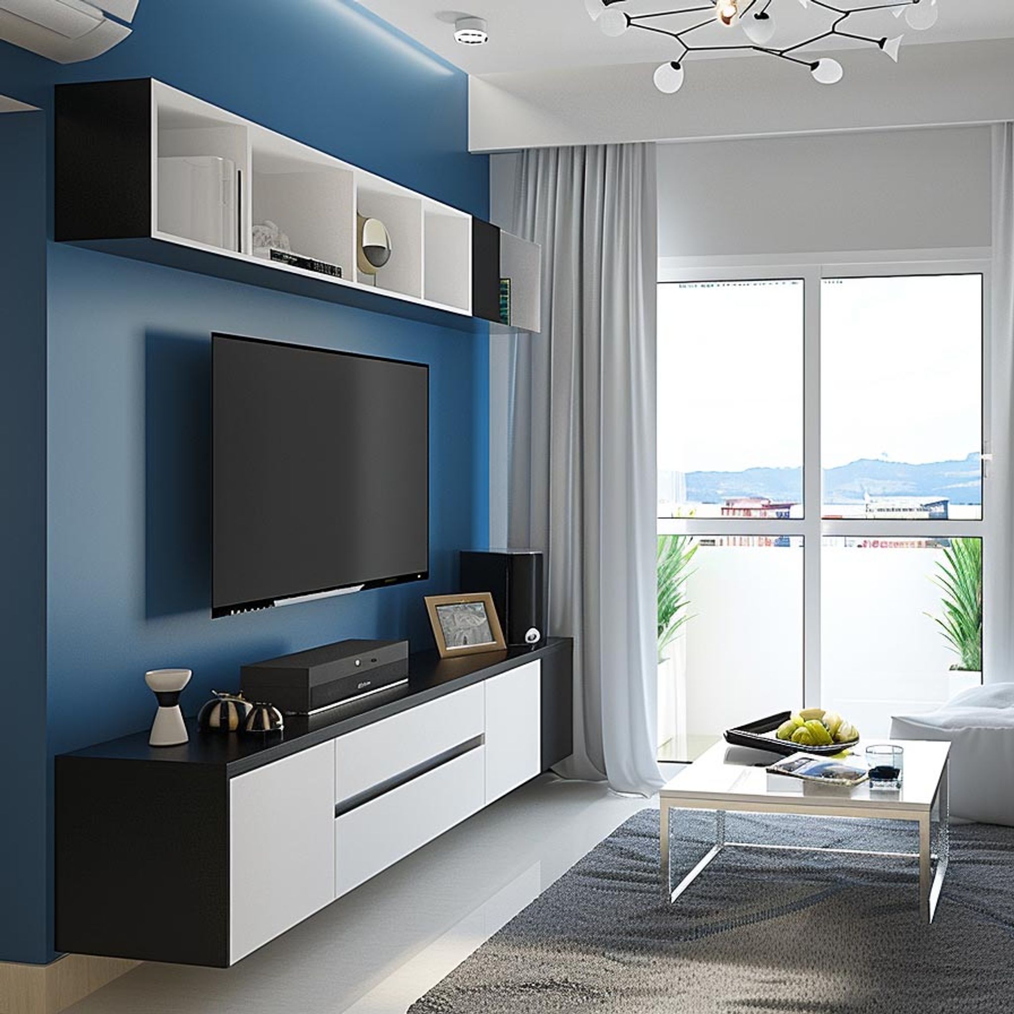 Elegant Modern White and Black TV Unit Design with Blue Wall Paint — free download