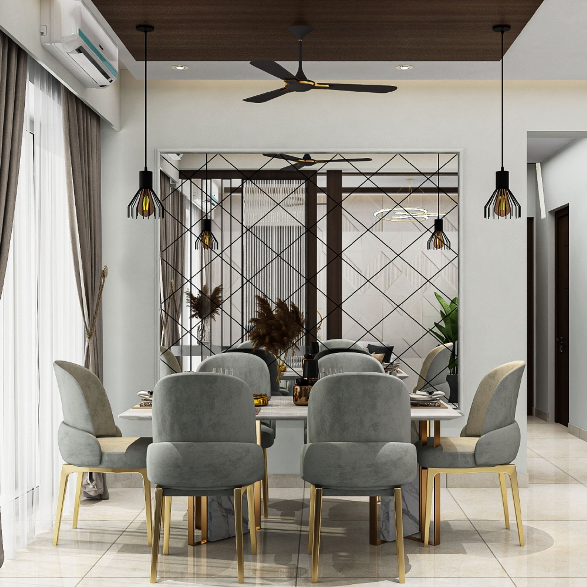 Modern Dining Room Design with Geometric Mirror, Marble Table and ...