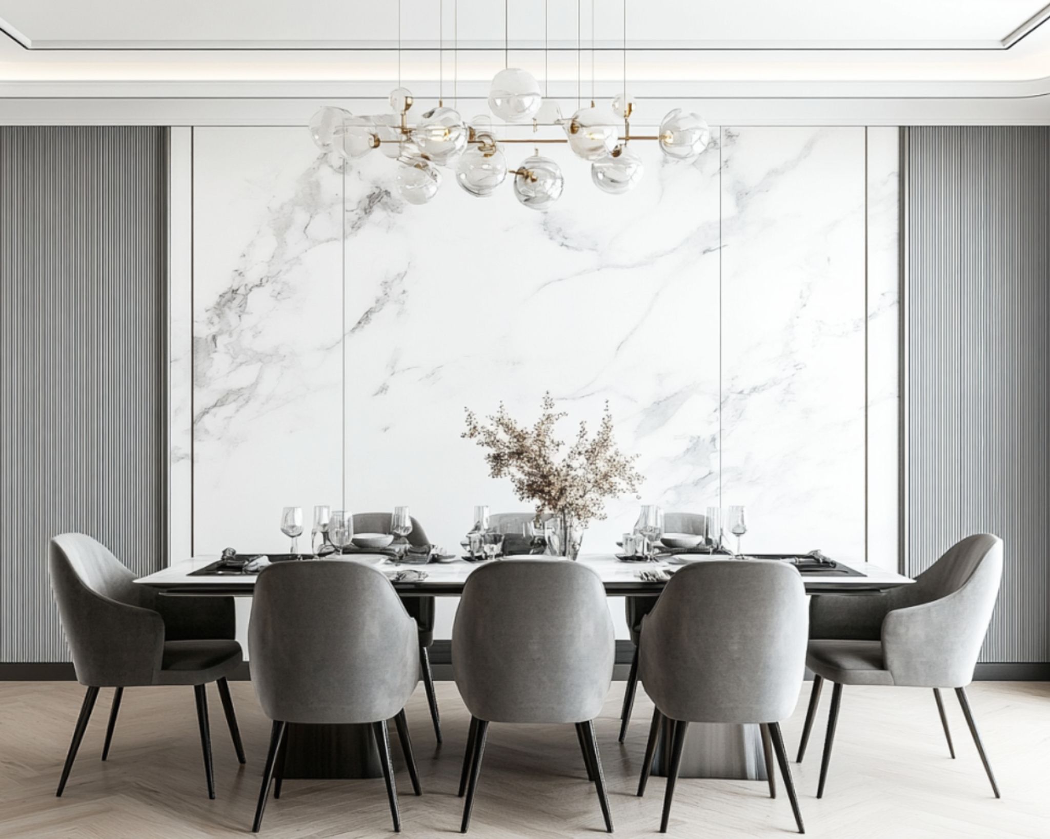 Dining Room Design with Contemporary Marble Top Table and Plush Grey ...