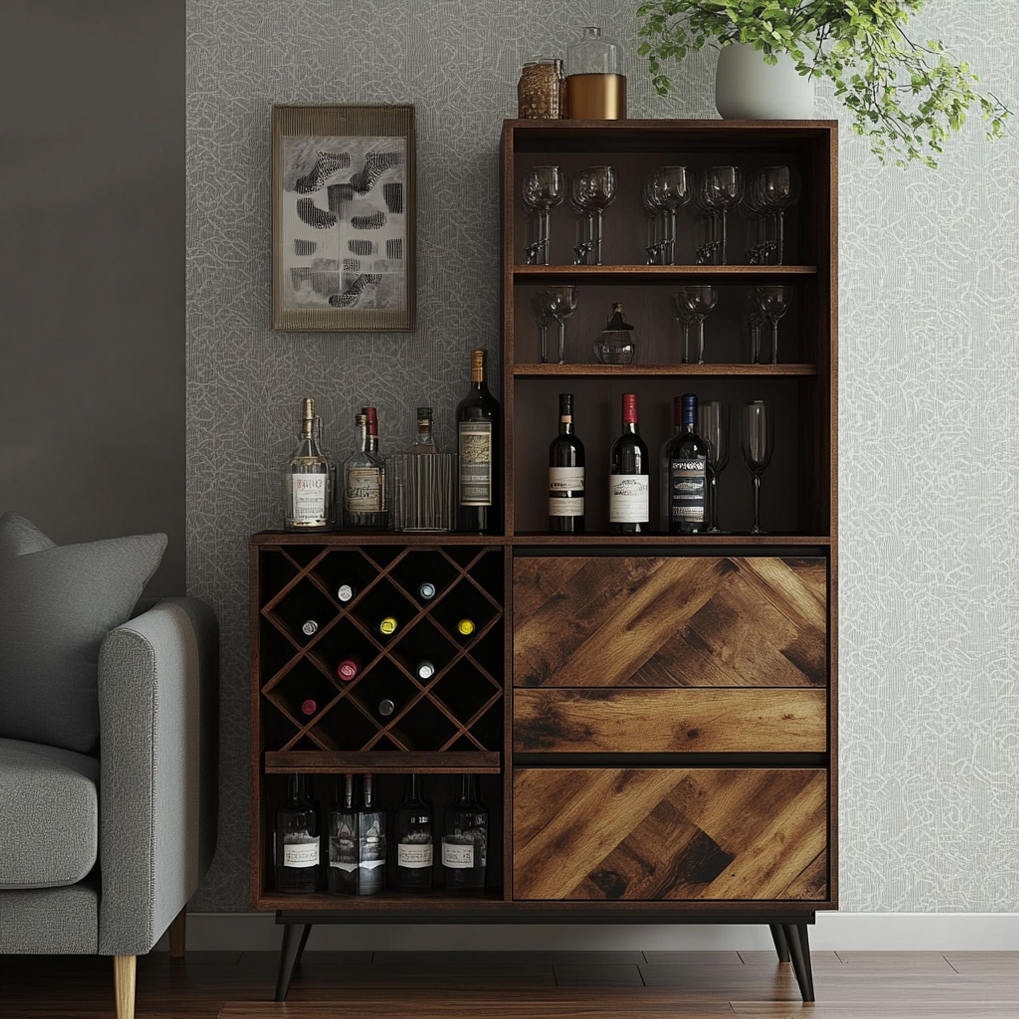 Rustic Home Bar Design with Walnut Brown Wood, Wine Rack, and Storage ...