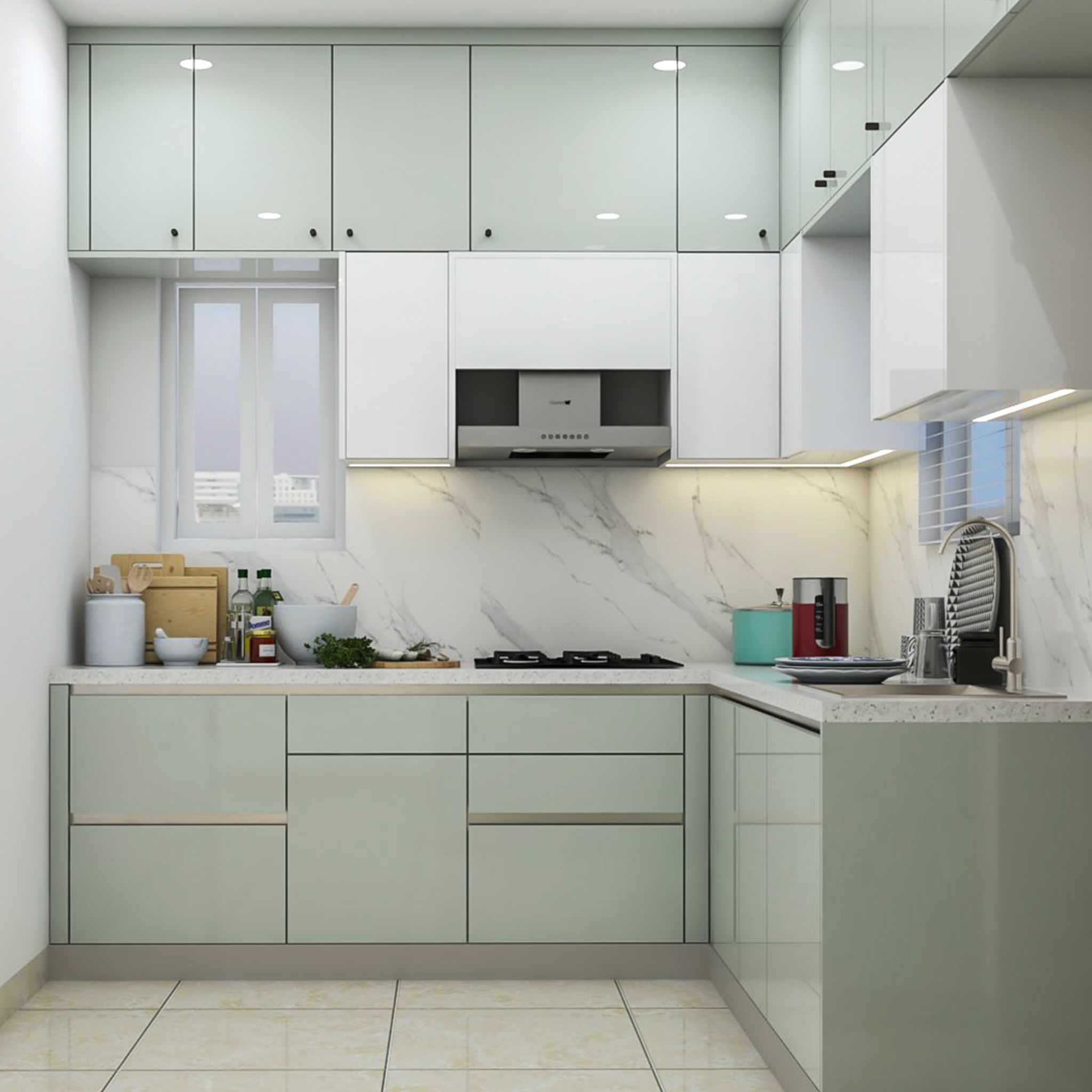 White and Silver Modern L-Shaped Kitchen Design with Quartz Countertop ...