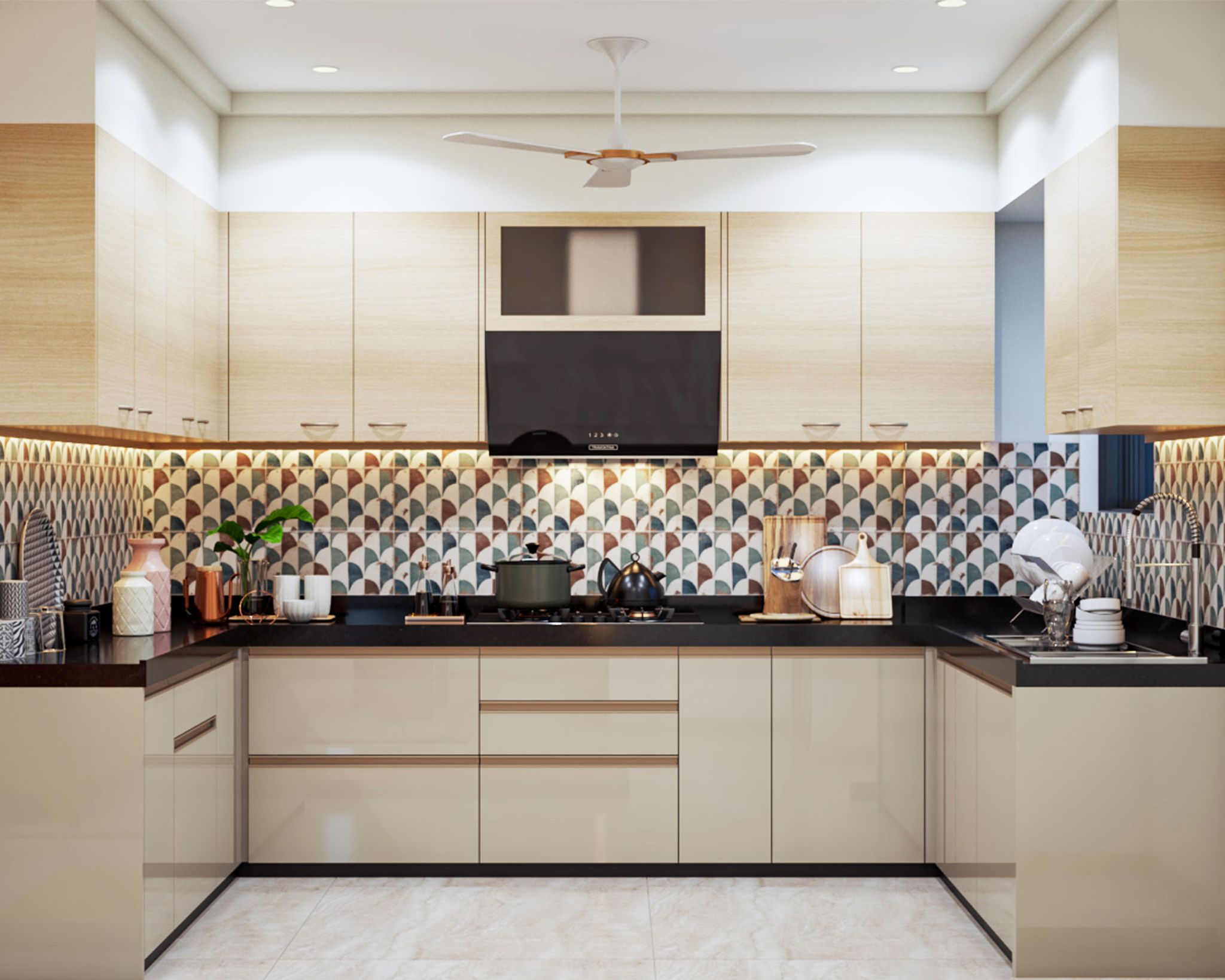 Contemporary U-Shaped Kitchen Design with Geometric Backsplash and ...