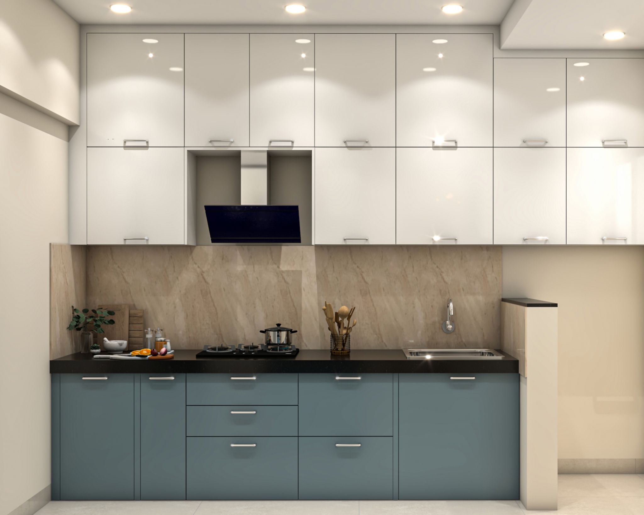 White Contemporary Open Kitchen Design With Under-Cabinet Lighting and ...