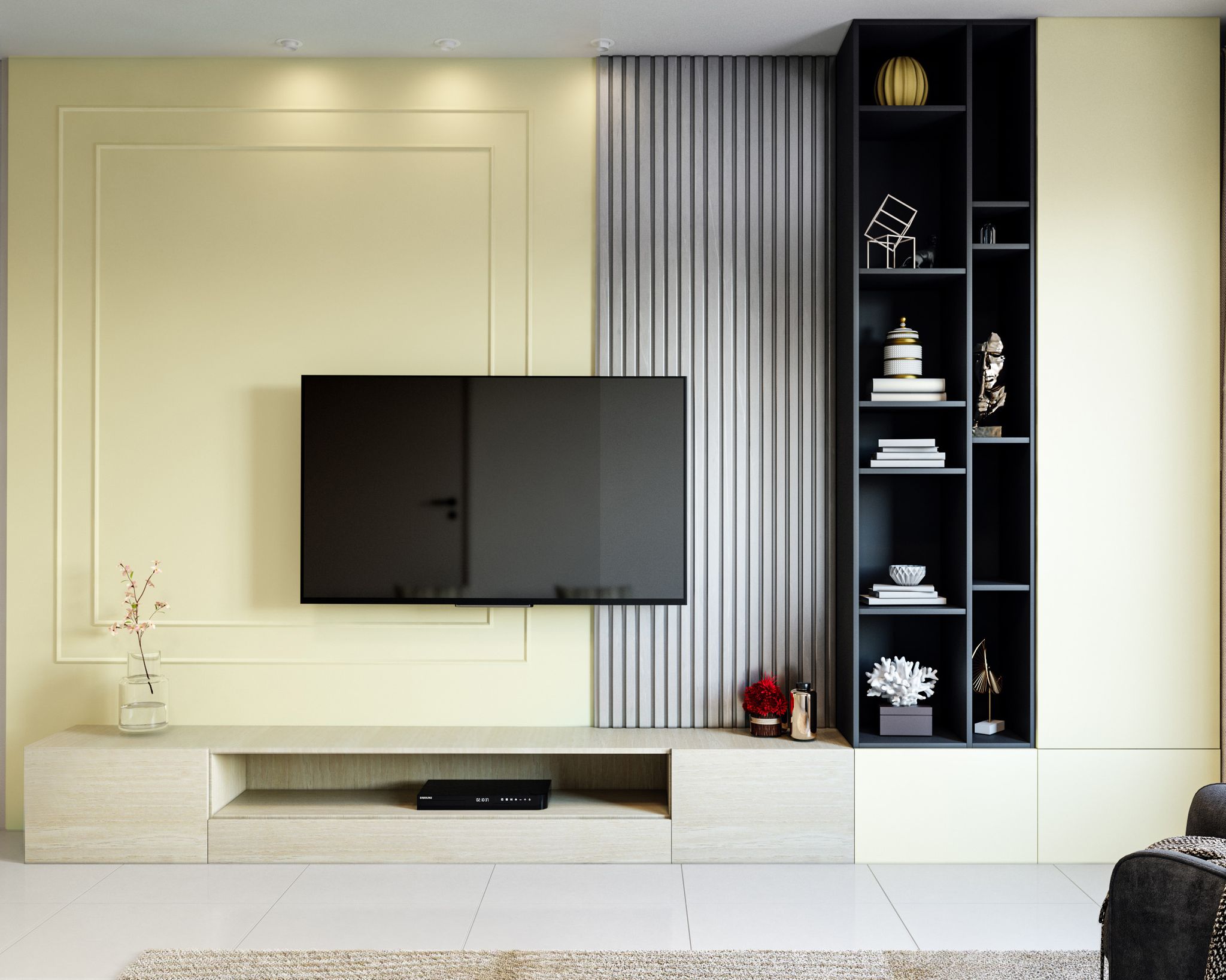 Acacia and Yellow Modern TV Unit Design with Closed Cabinets and Open ...