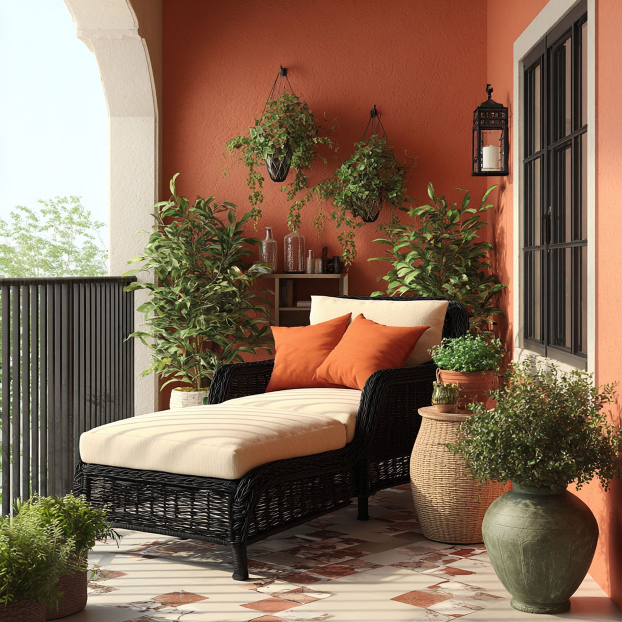 Mediterranean Balcony Design With Hanging Planters, Wicker Chair and ...