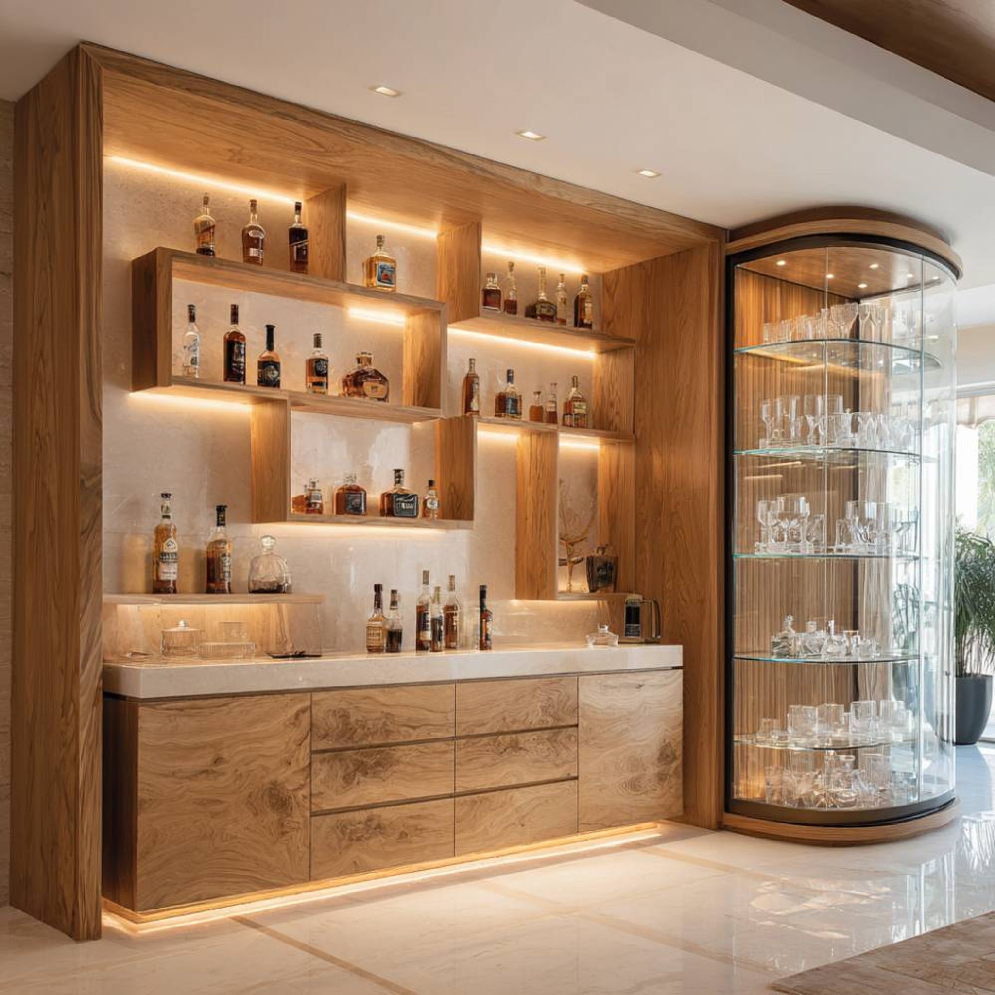 Modern Wood Home Bar Design with Floating Shelves, LED Lighting and ...