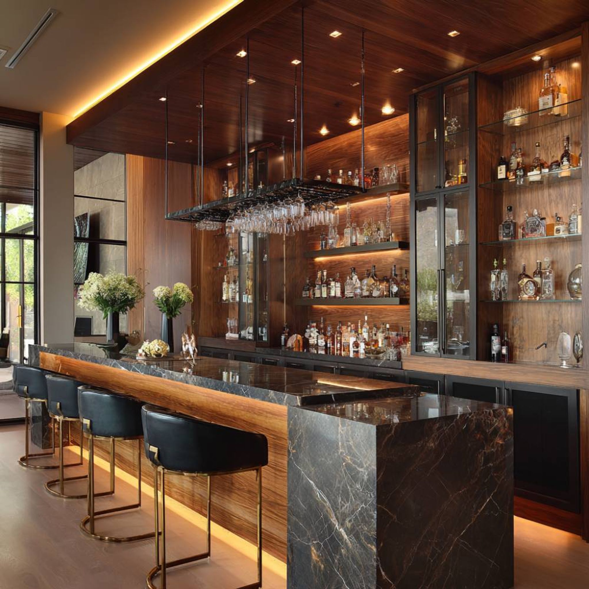 Home Bar Design with Modern Marble Countertop, Drawers and Shelves