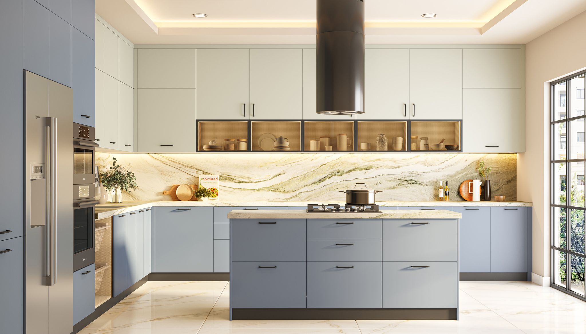 Powder Blue and Pale Grey Modern Island Kitchen Design with Quartz Top ...