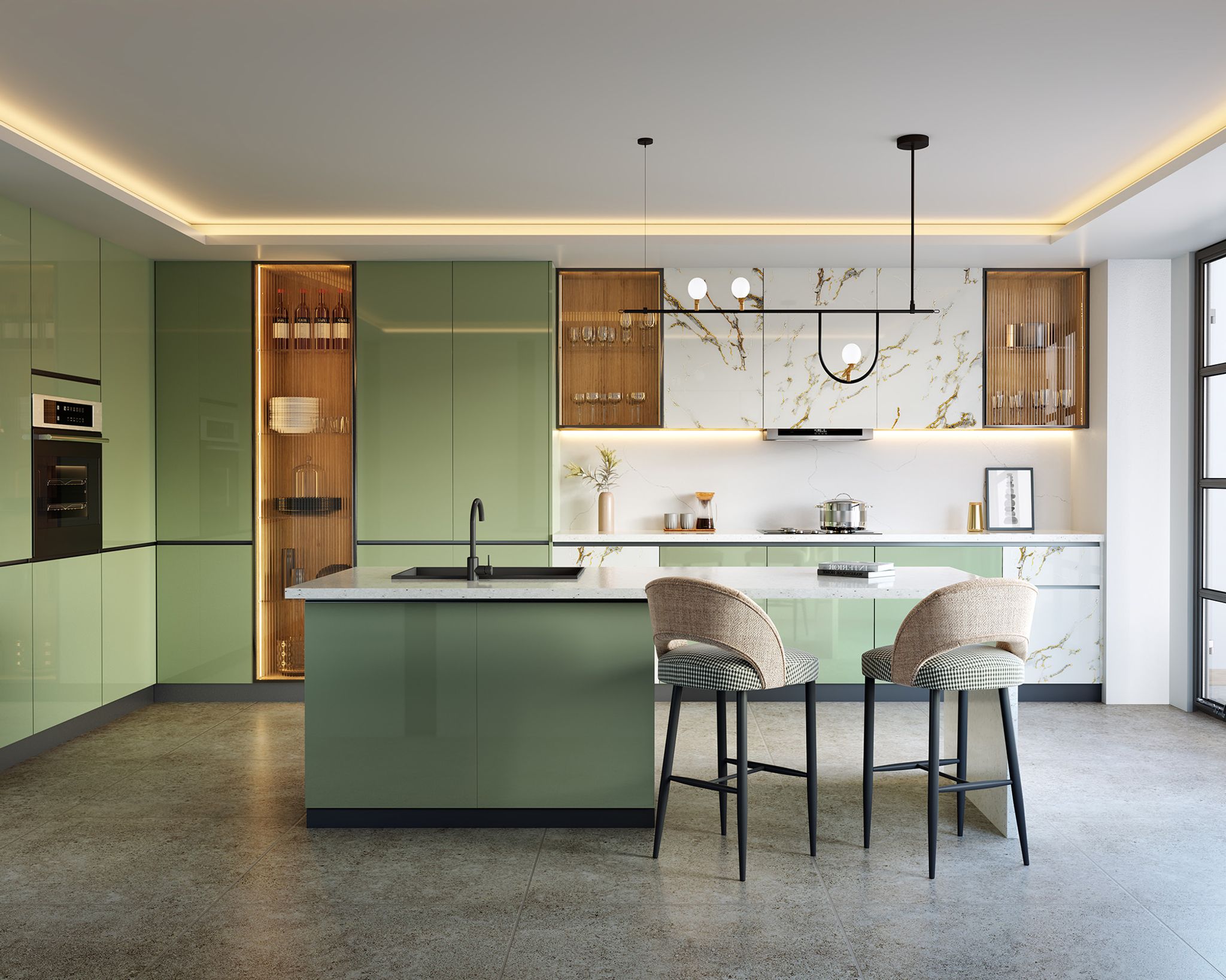 Modern Island Kitchen Design with Quartz Countertop and Pull-Out Pantry ...