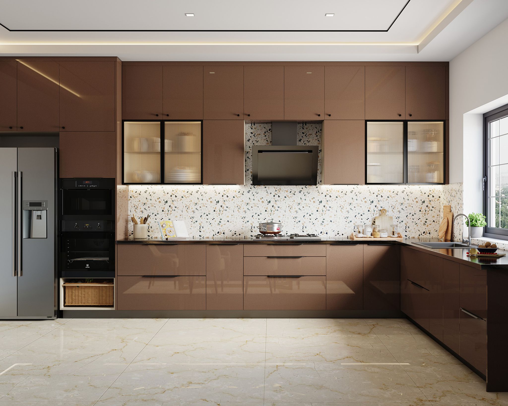 L-Shaped Modern Kitchen Design in Mocha Brown Gloss Finish and Granite ...