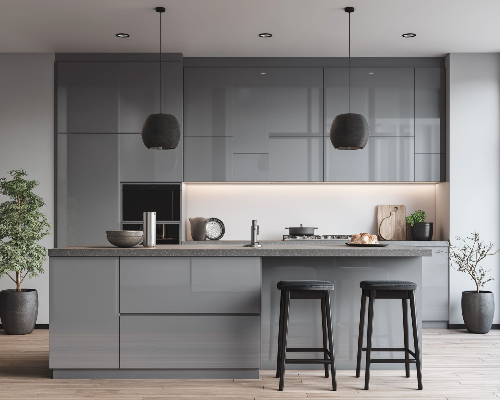 Island Kitchen Design with Minimal Grey High-Gloss Cabinets and Quartz ...