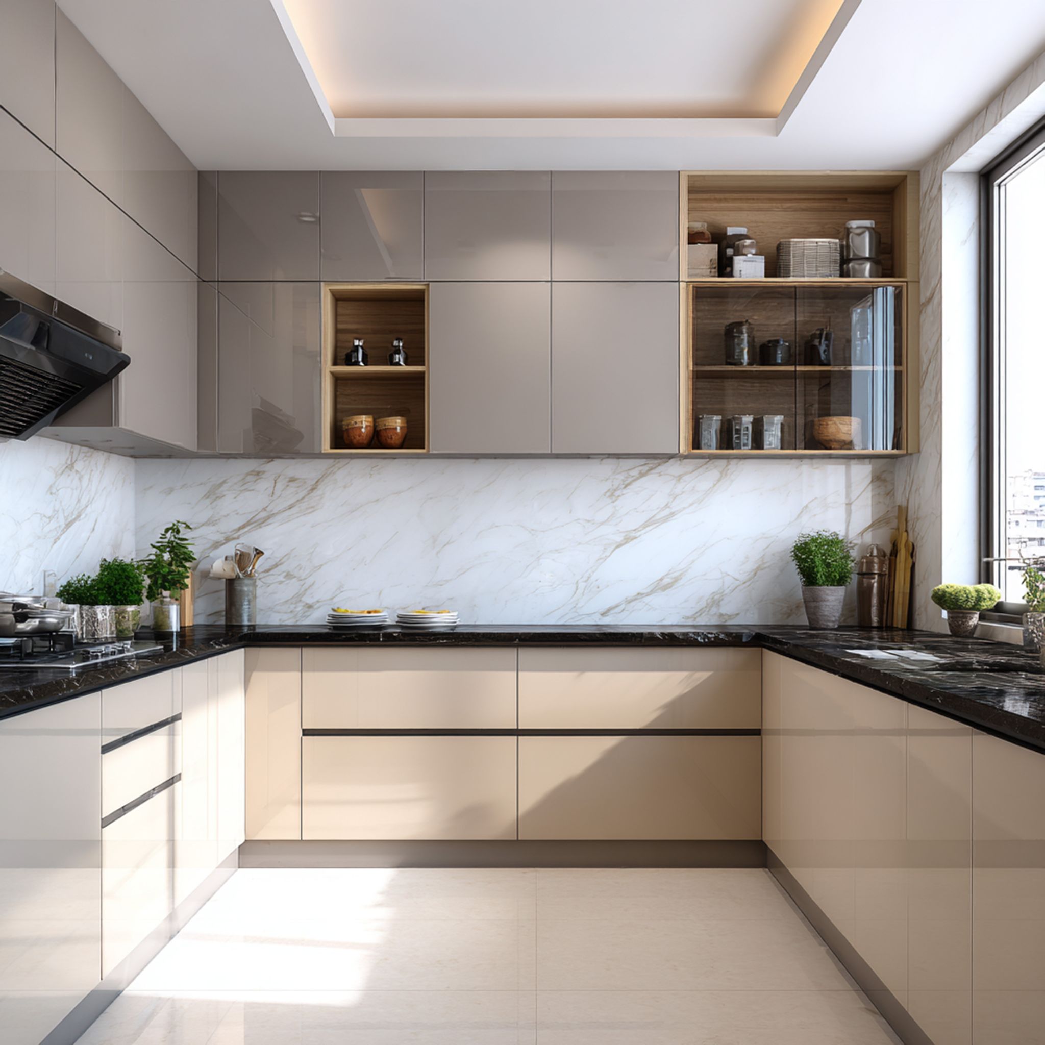 U-Shaped Modern Kitchen Design with Granite Countertop and Open Shelves ...
