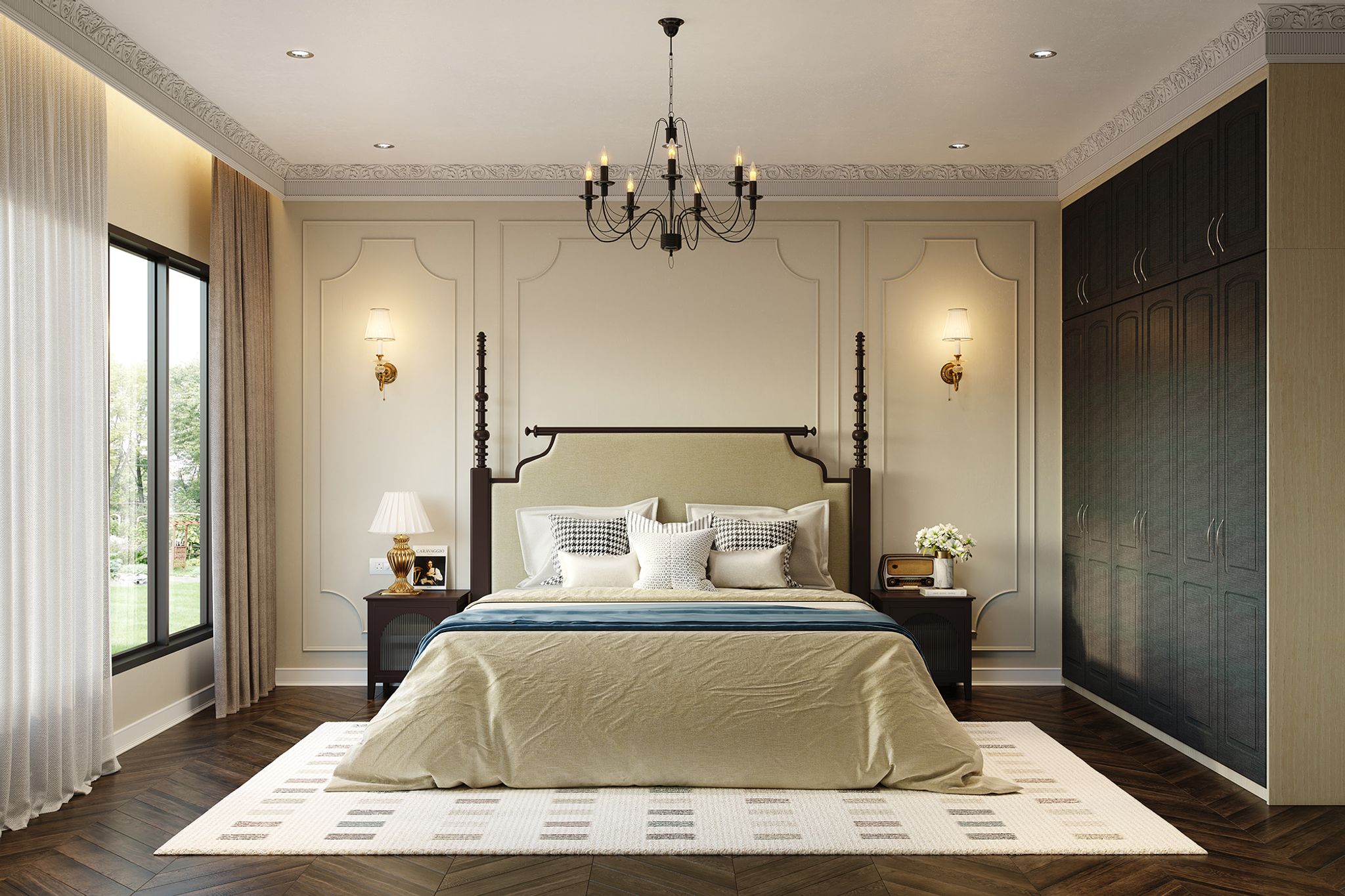 Classic Master Bedroom Design With Crown Moulding And Wardrobe Storage ...
