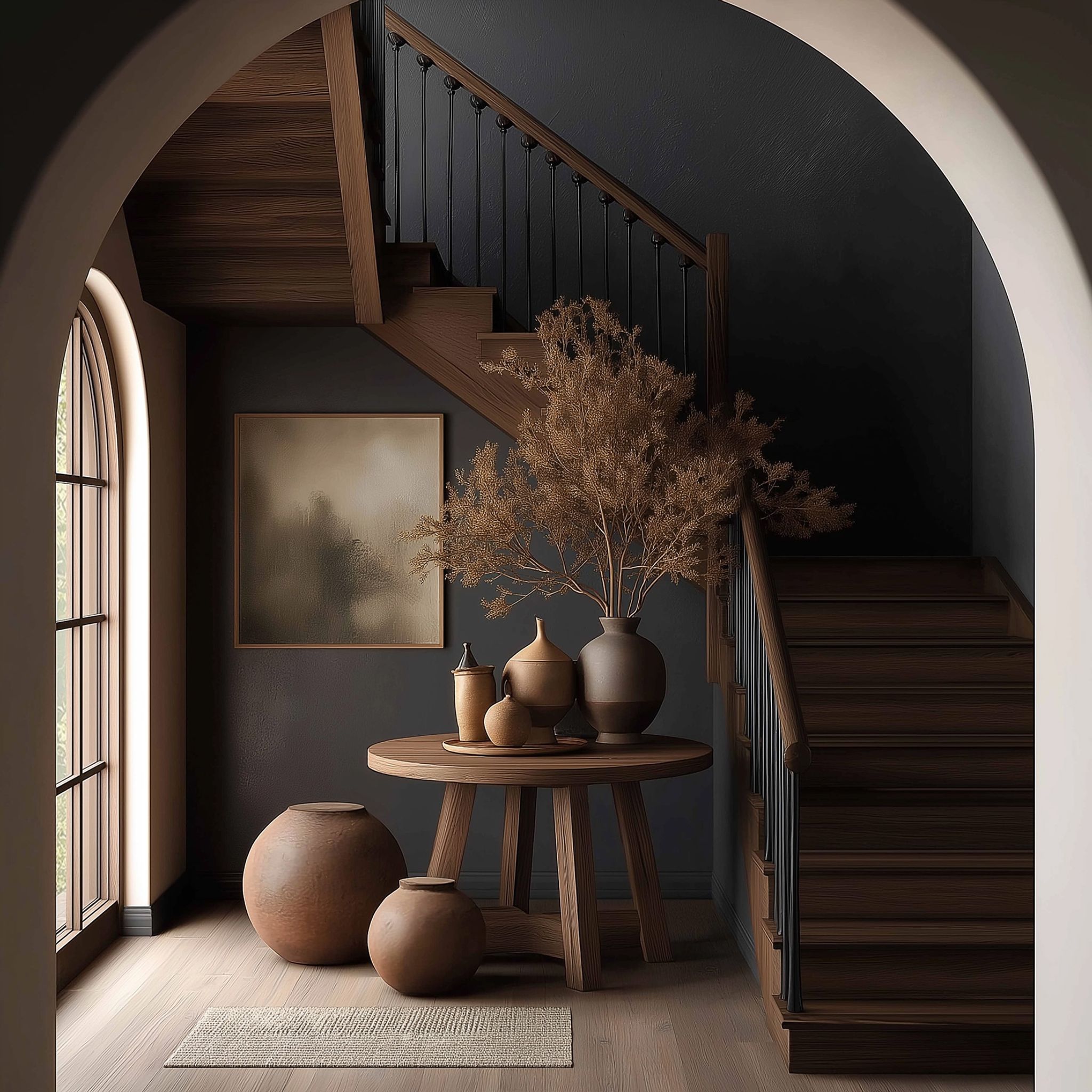 L-Shaped Rustic Staircase Design with Wooden Treads and Black Metal ...