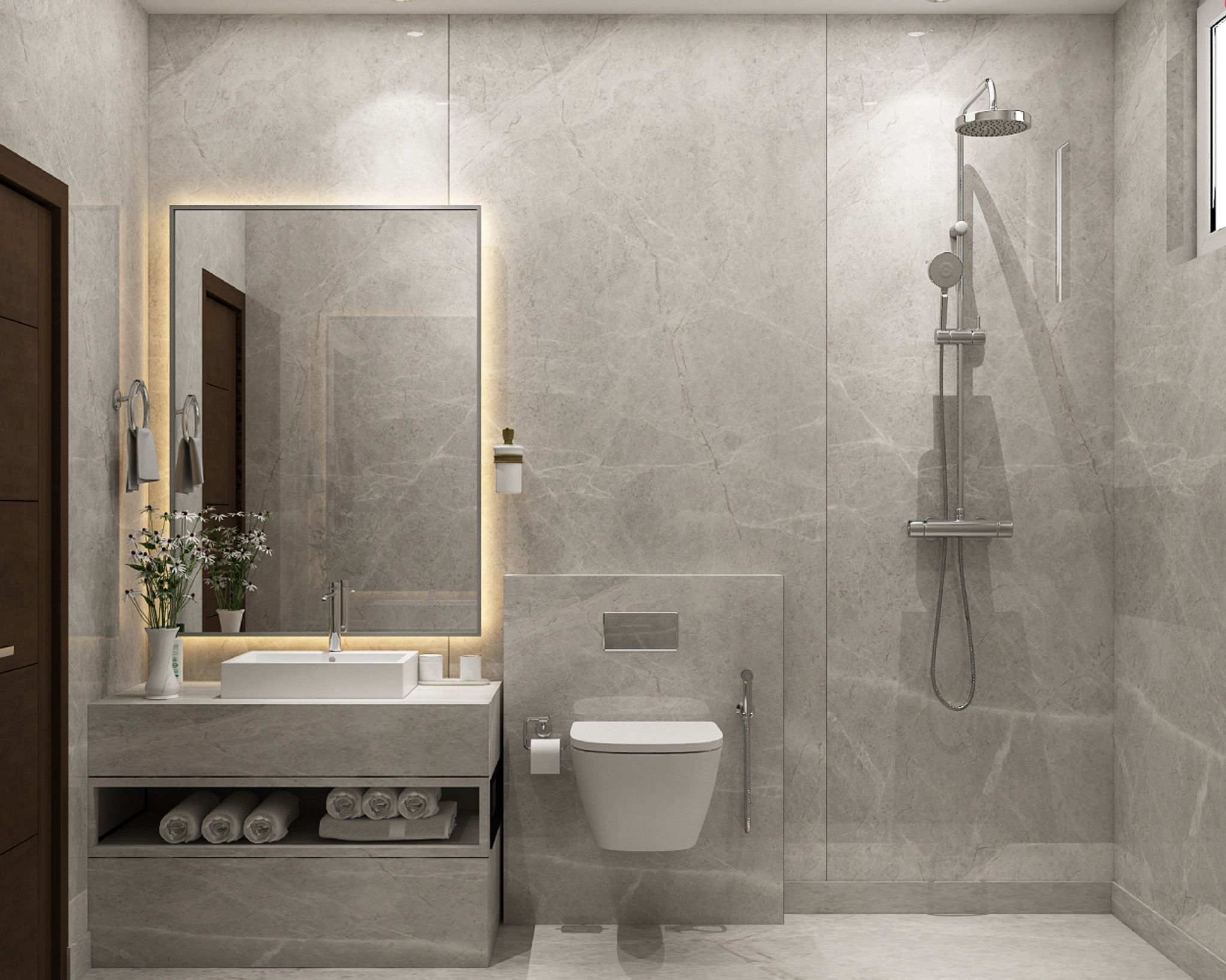 Grey Marble Modern Bathroom Design with Backlit Mirror and Floating ...