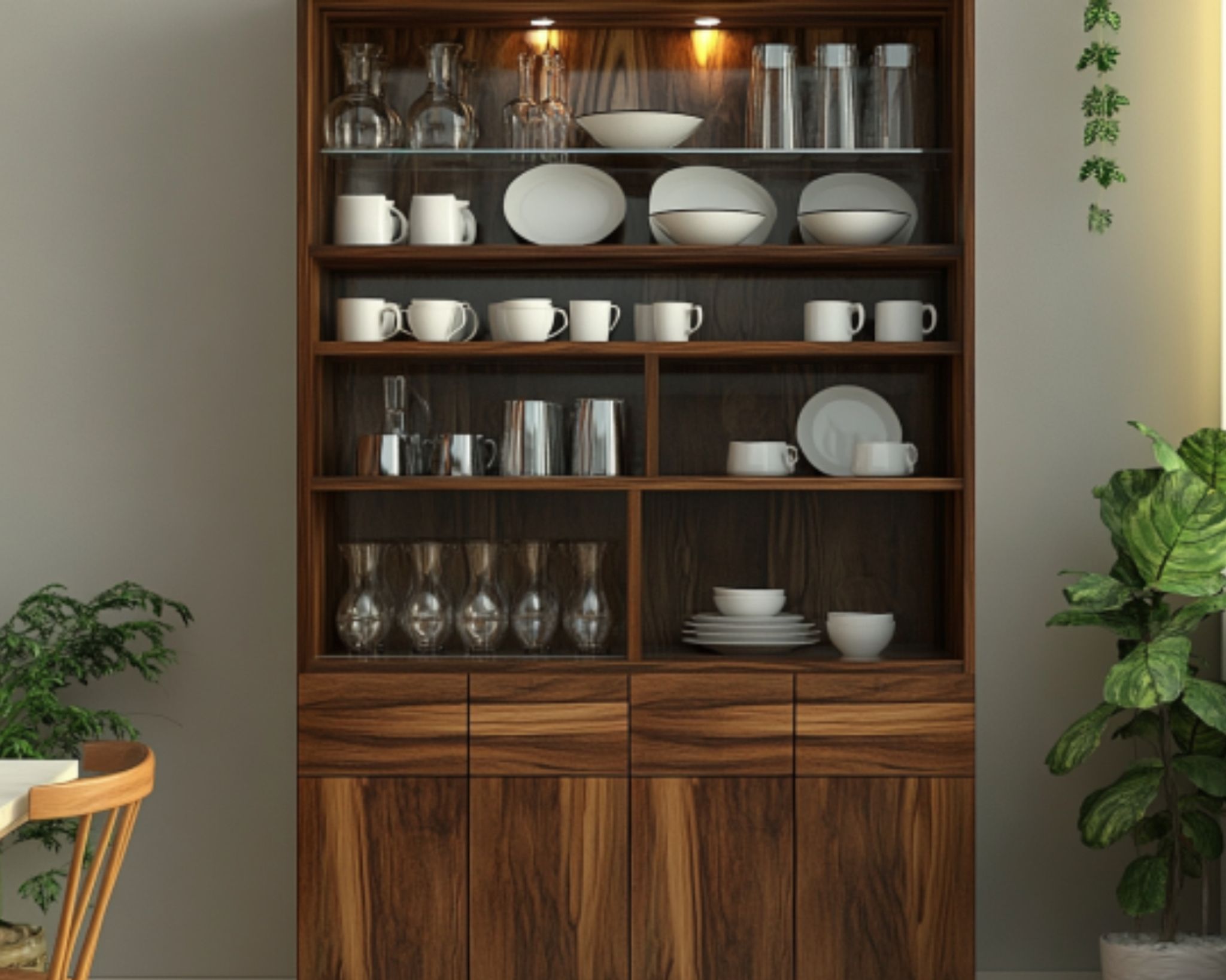 Wooden Brown Mid-Century Crockery Unit Design with Open Display and ...