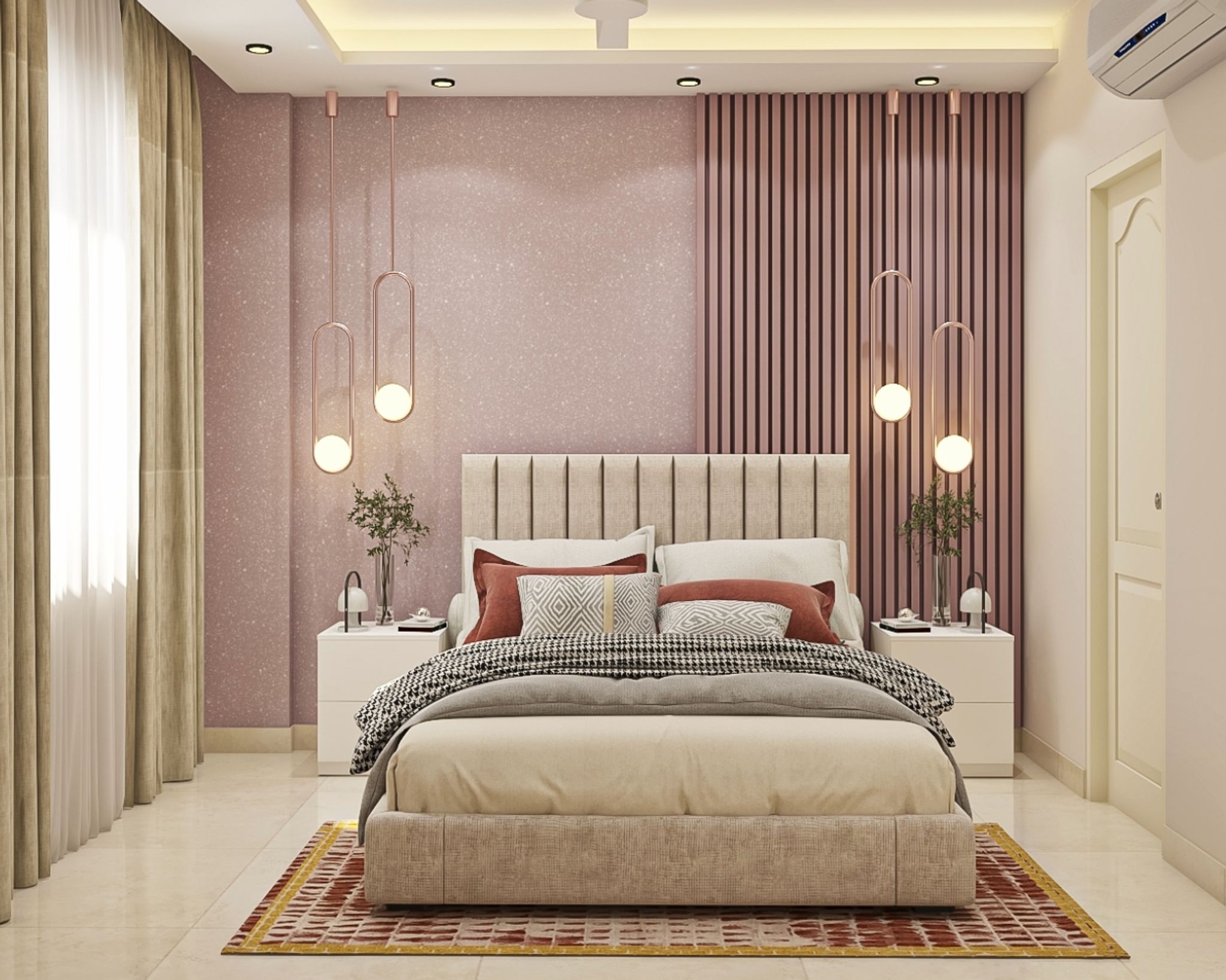 Guest Bedroom Design with Contemporary Pink Fluted Wall Panels and ...