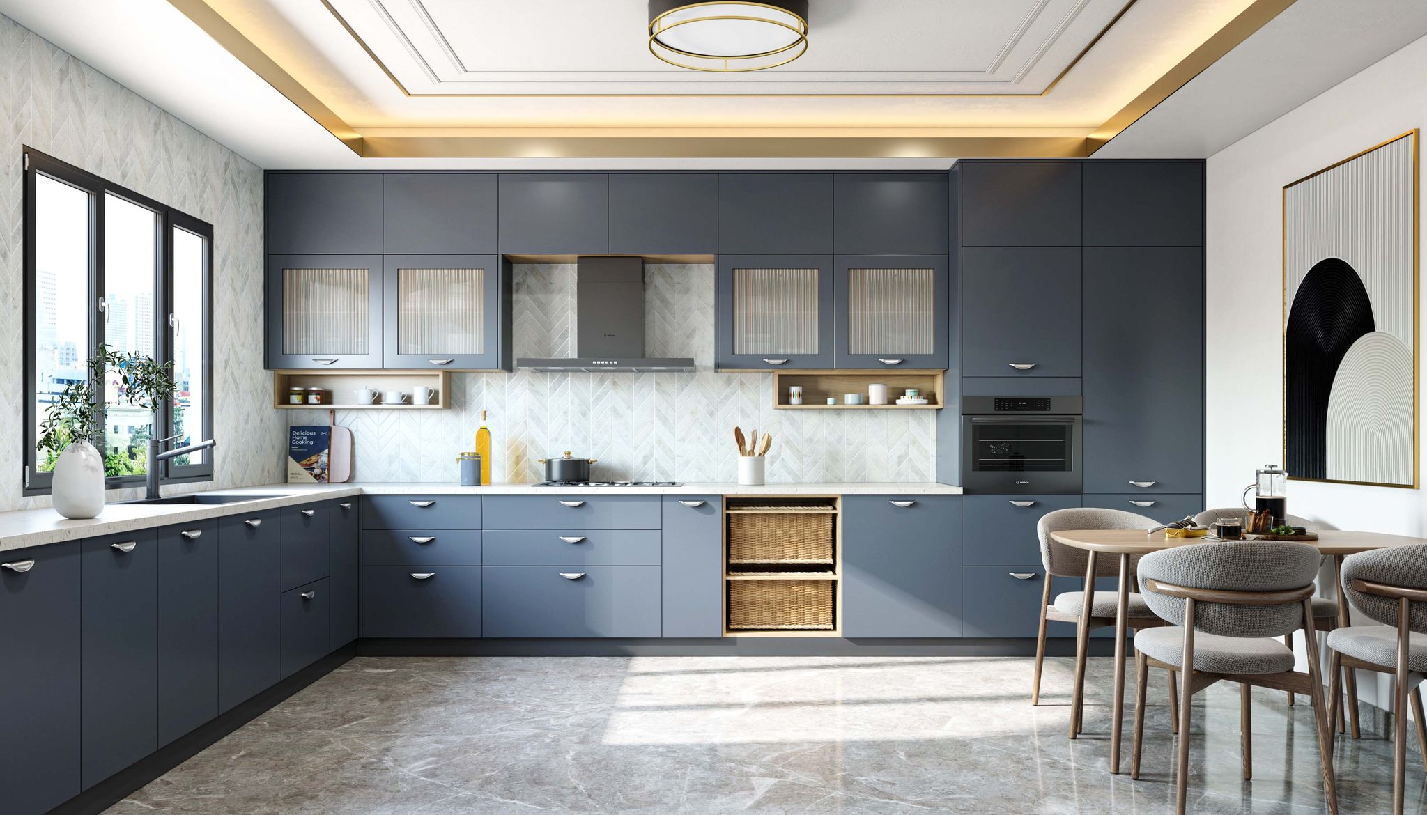 Contemporary L-Shaped Blue Kitchen Design with White Quartz Countertop ...