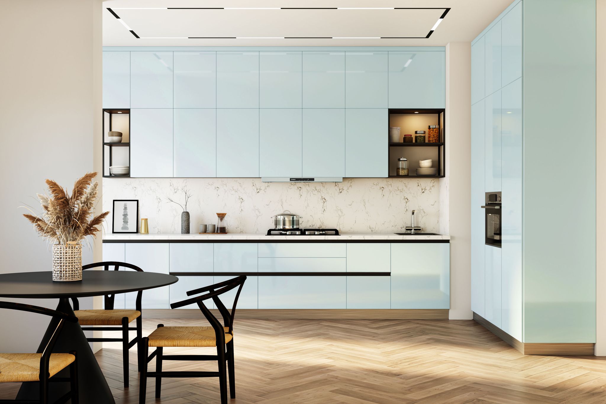 White Blue Minimal Straight Kitchen Design with Matte Cabinets and ...