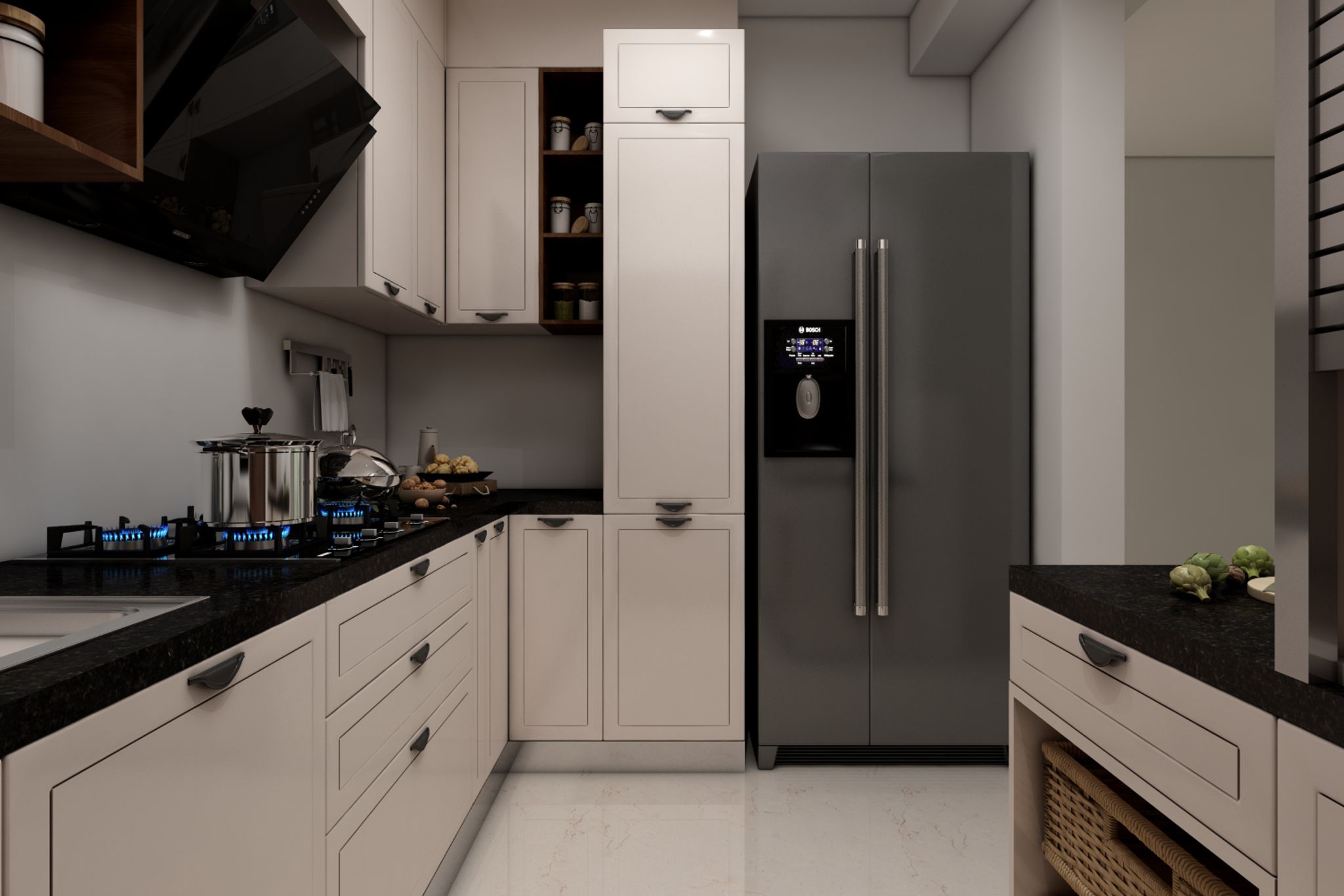 Open Kitchen Design with Modern Sand Satin Cabinets and Granite ...
