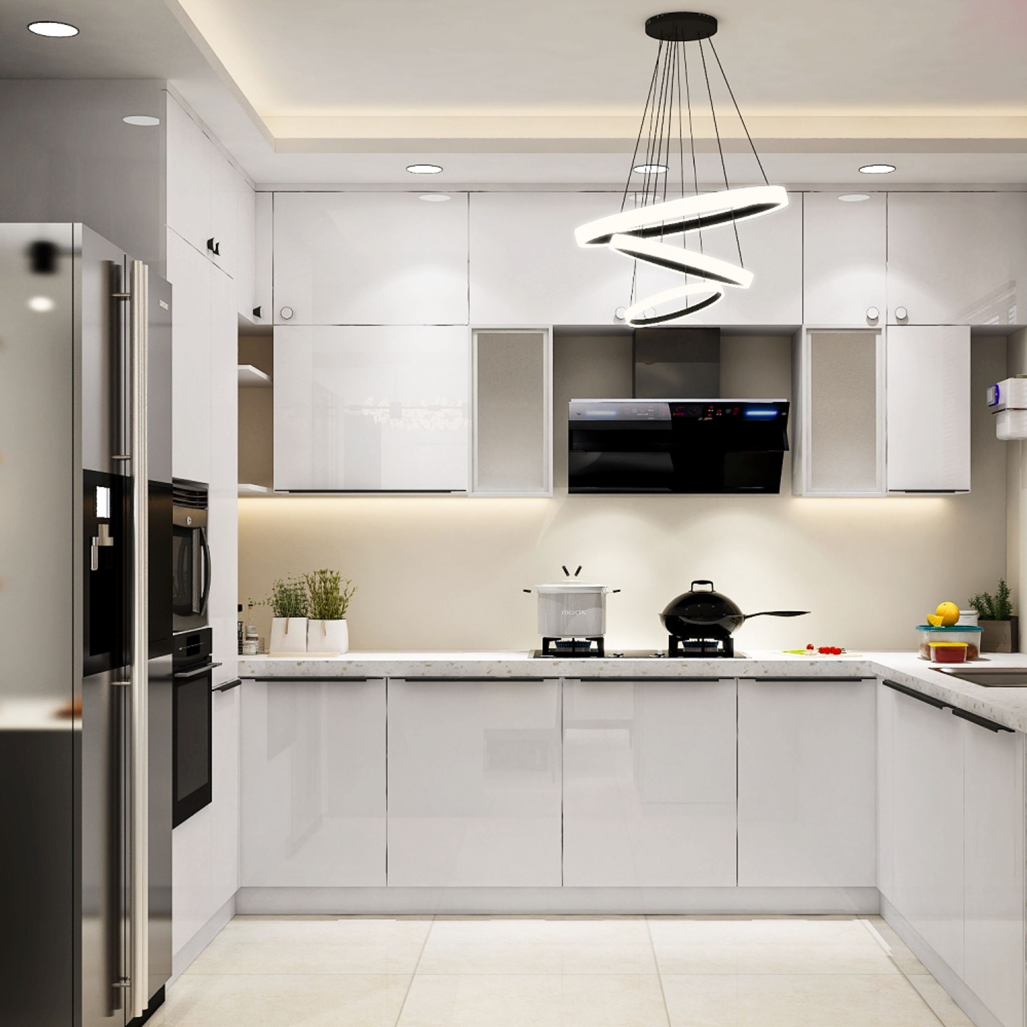 U-Shaped Modern Kitchen Design with Glossy White Cabinets and Premium ...