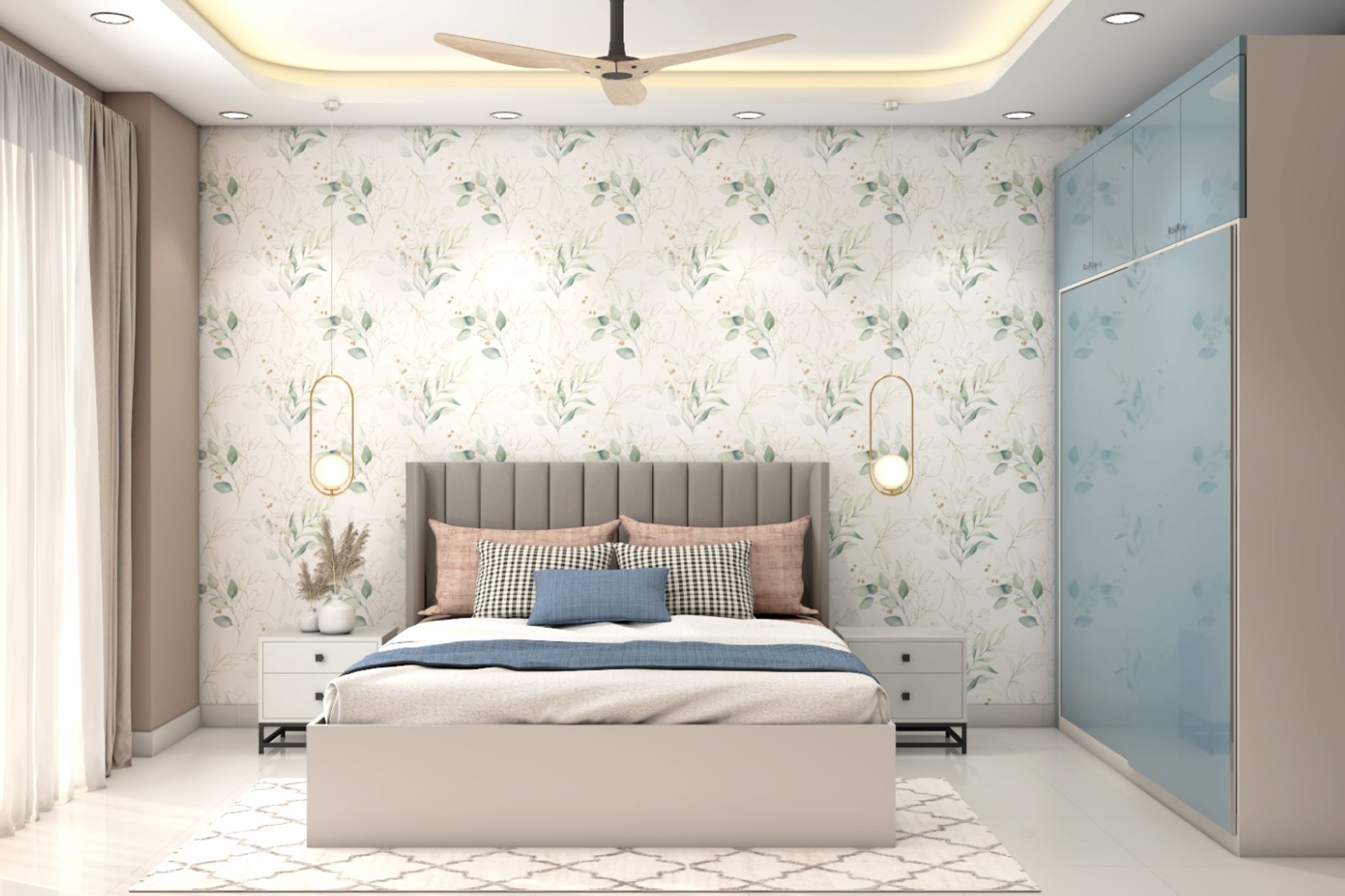 Master Bedroom Design with Contemporary Floral Wallpaper, Grey ...