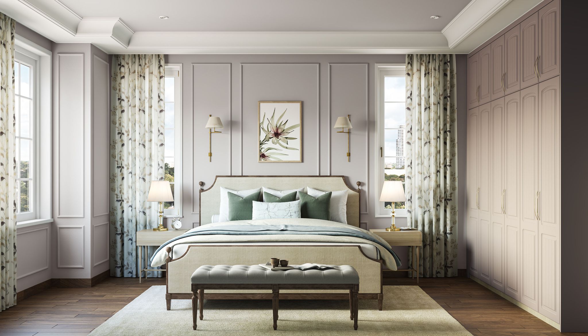 Master Bedroom Design with Classic Panel Molding, Gold Finish Wall ...