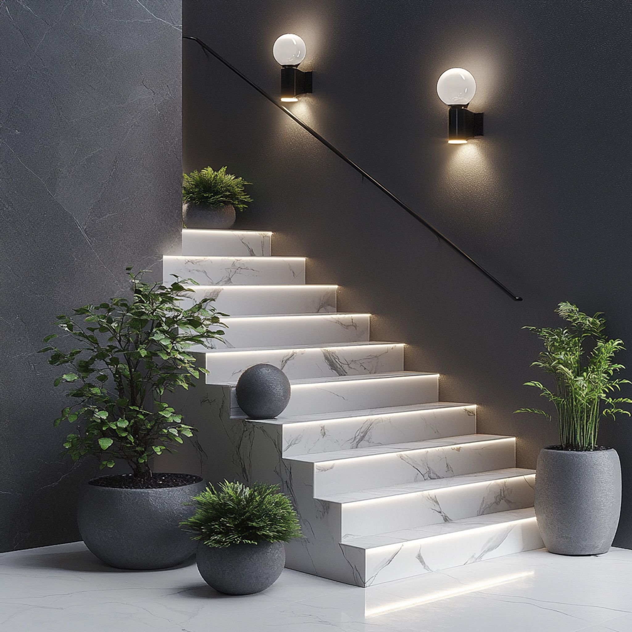 White Marble Modern Straight Staircase Design: Bright, Clean, and ...