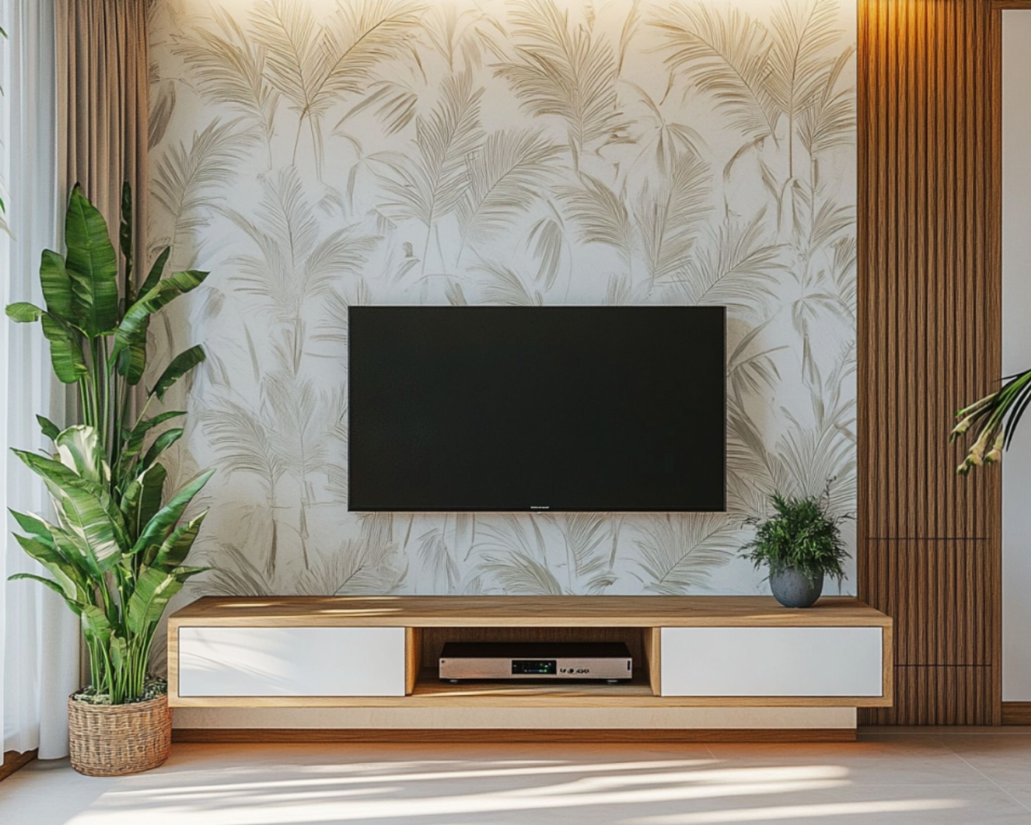 TV Unit Design with Scandinavian Palm Wallpaper, Drawers, Open Shelf ...
