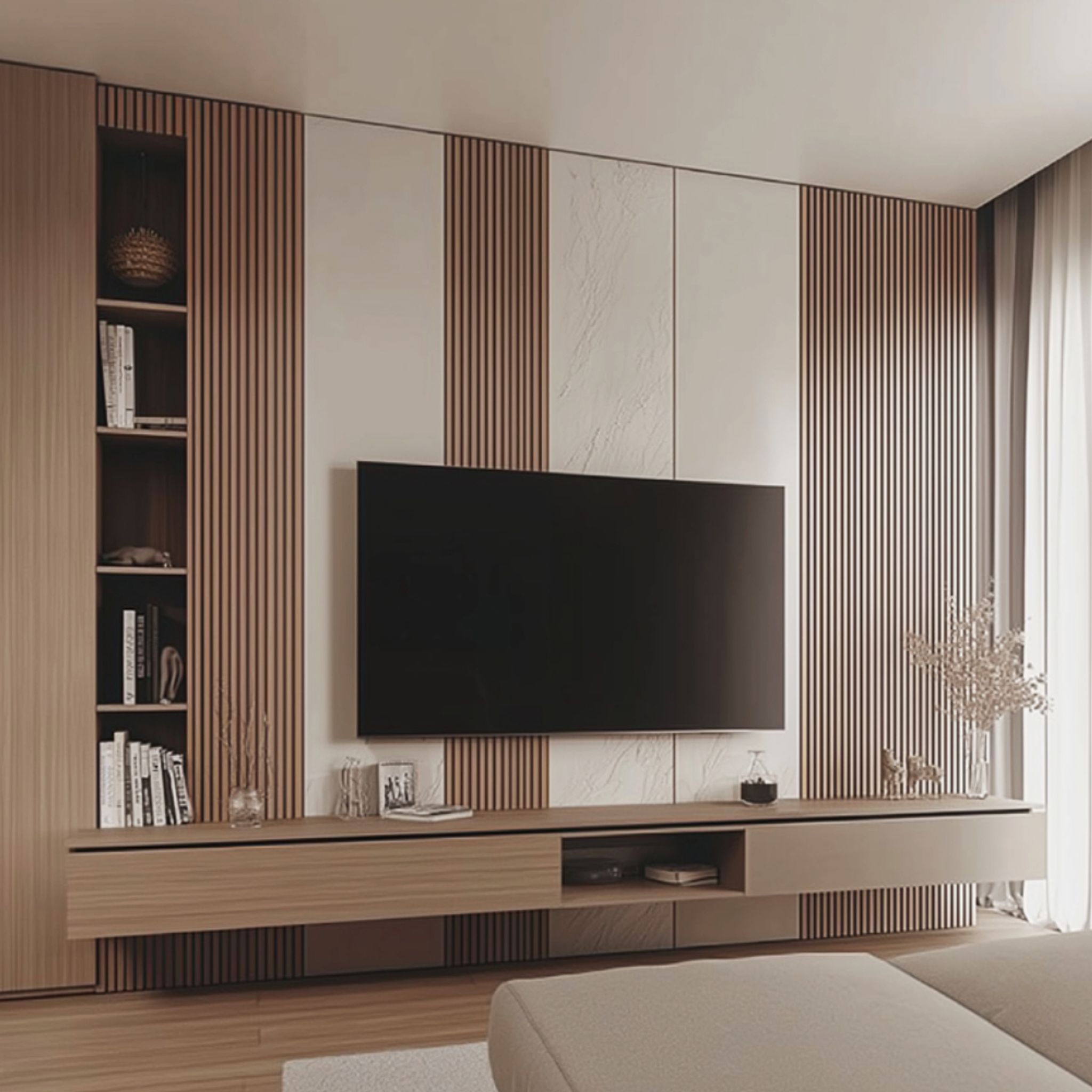 Modern Walnut TV Unit Design with Open Shelves, Closed Cabinets and ...