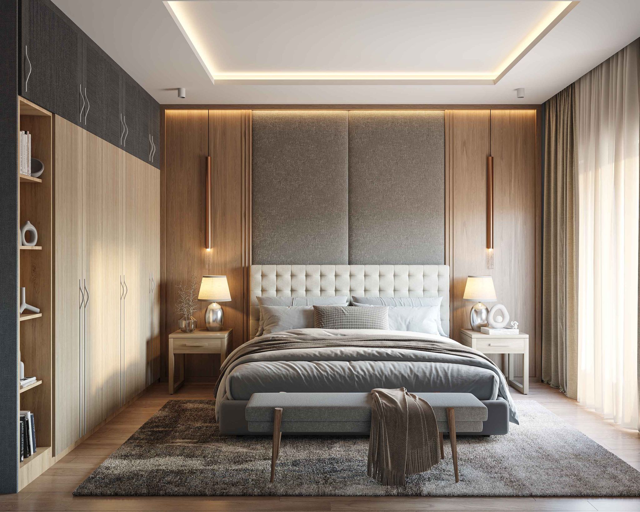 Brown and Grey Bedroom Wall Design with Modern Vertical Wood and ...