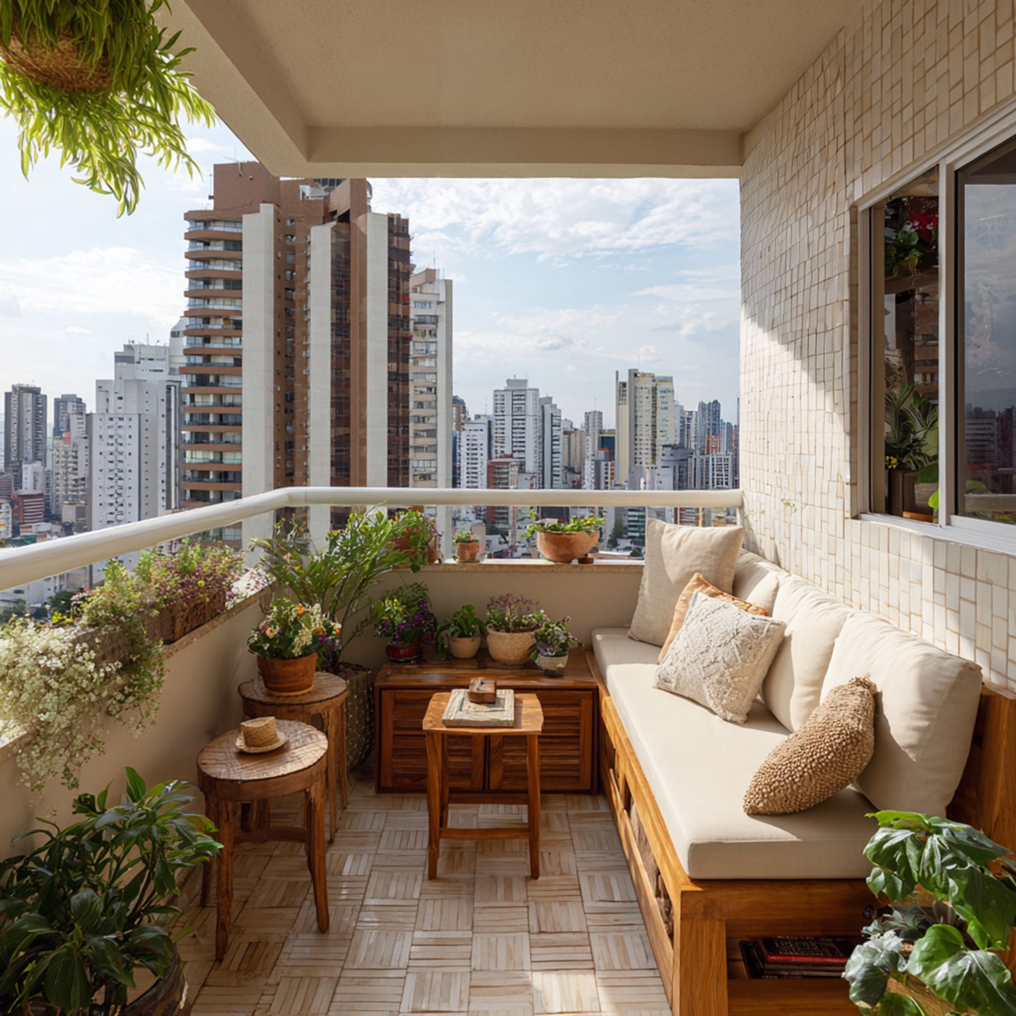Bohemian Balcony Design with Built In Wooden Sofa Seating | Livspace
