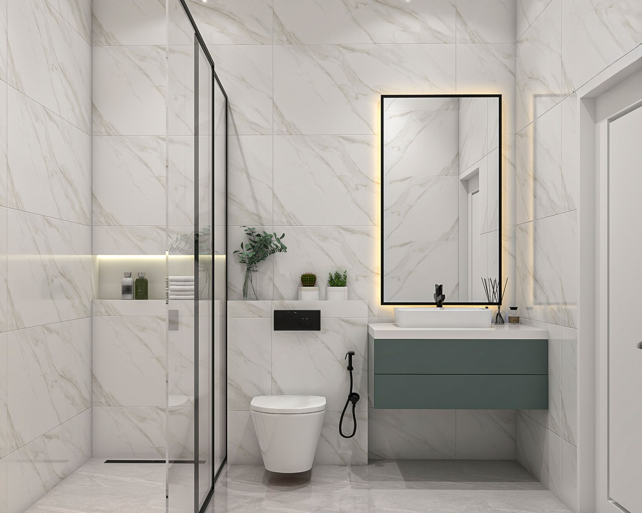 Modern White Marble Bathroom Design with Backlit Mirror and Teal Vanity ...