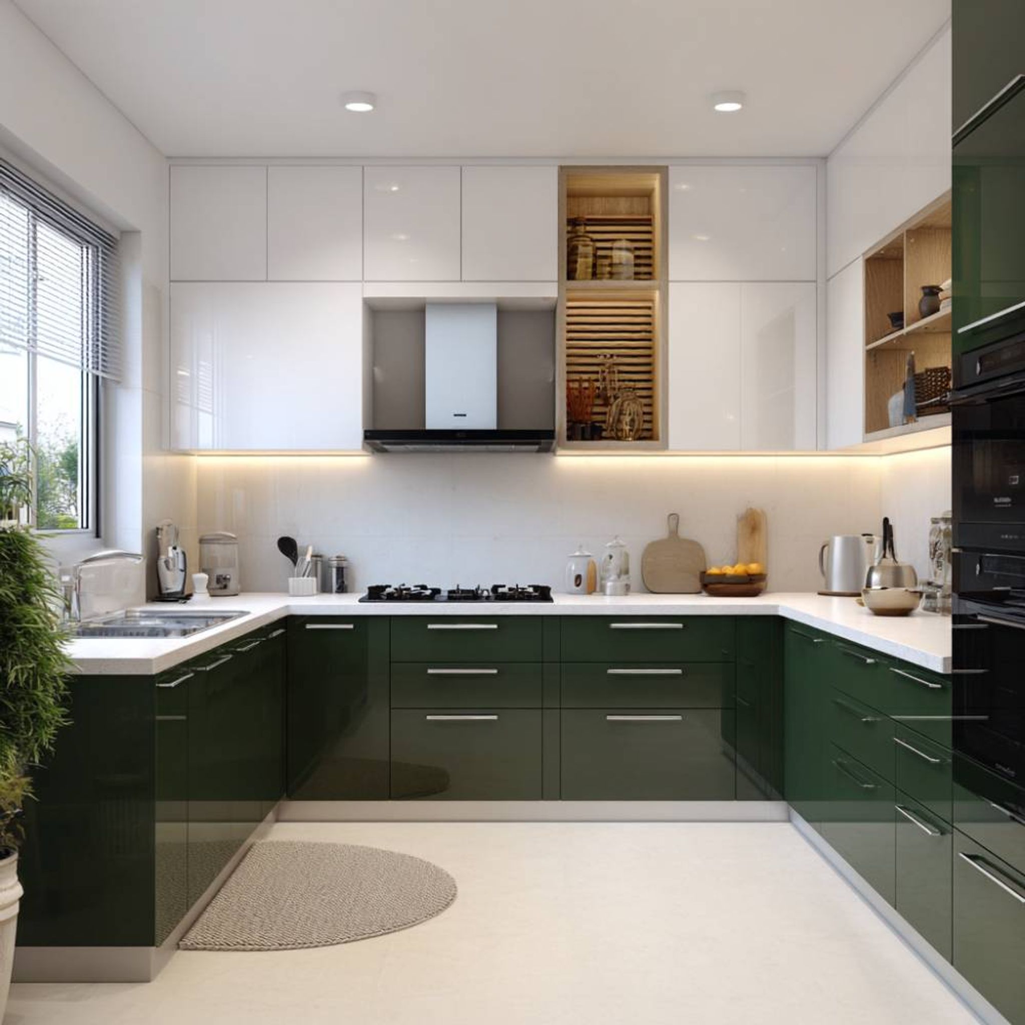 U-Shaped Modern Kitchen Design with Teal Cabinets and Quartz Countertop ...