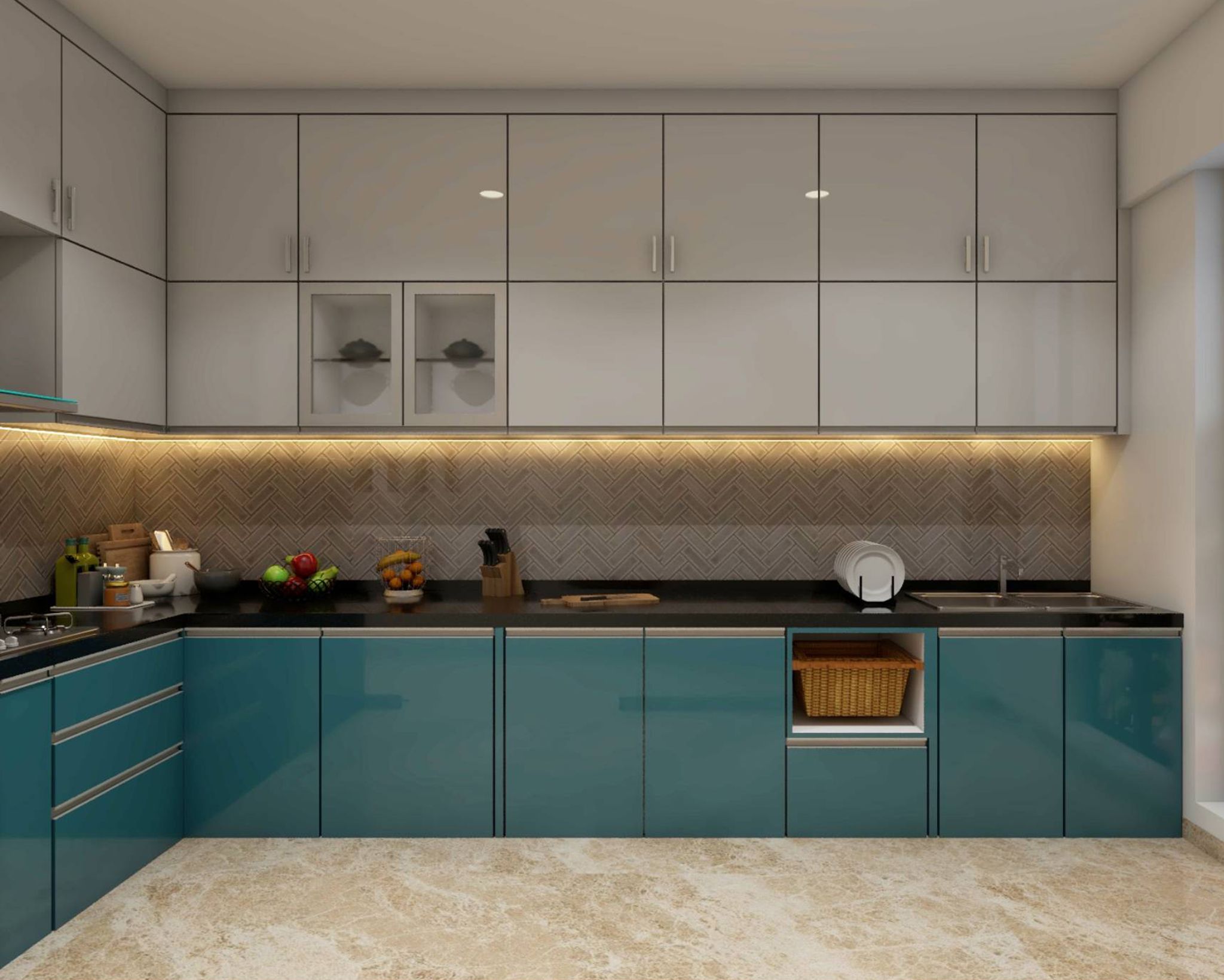 Contemporary Teal Base L-Shaped Kitchen Design with Glass Cabinets ...