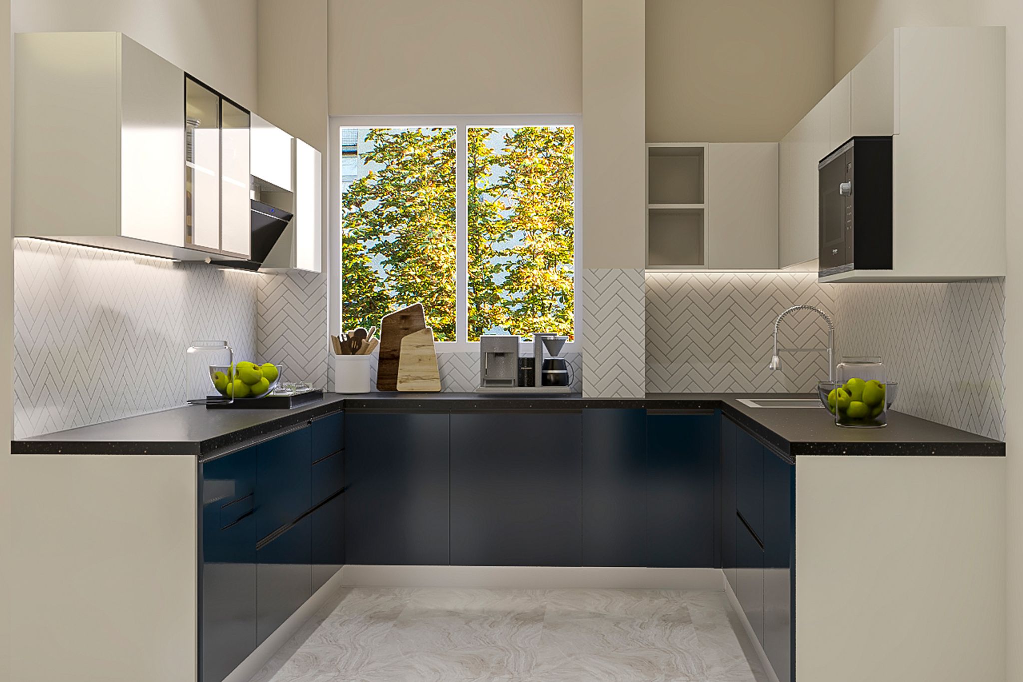 Modern Blue and White U-Shaped Kitchen Design with Granite Countertop ...