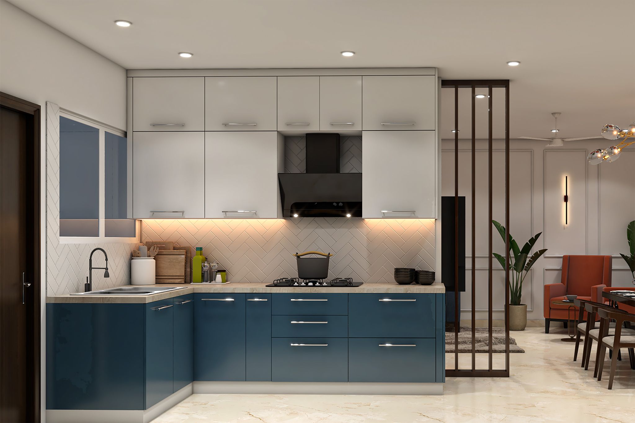 L-Shaped Contemporary Kitchen Design with Quartz Countertop and Blue ...