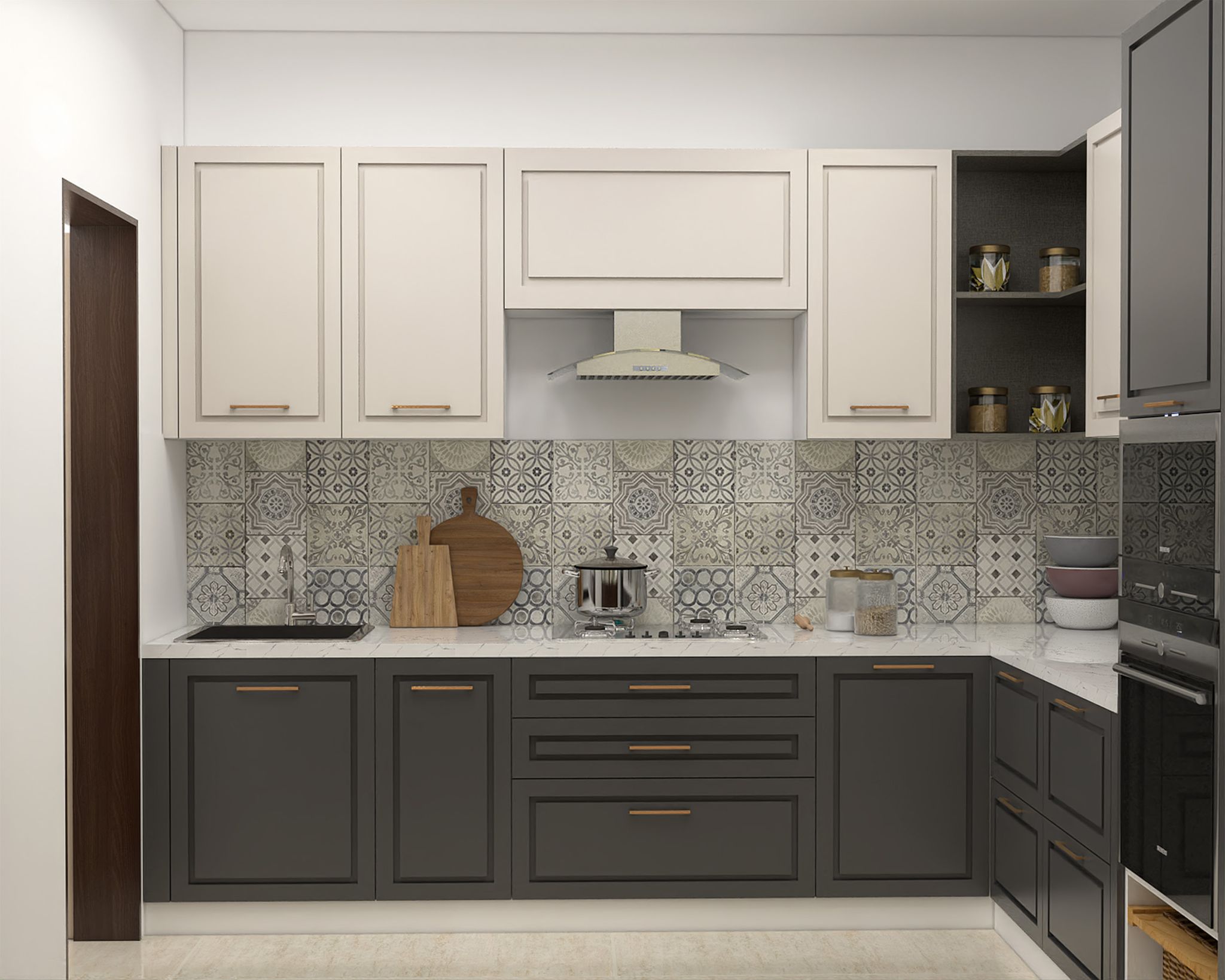 L-Shaped Classic Kitchen Design with Quartz Countertop and Matte Finish ...