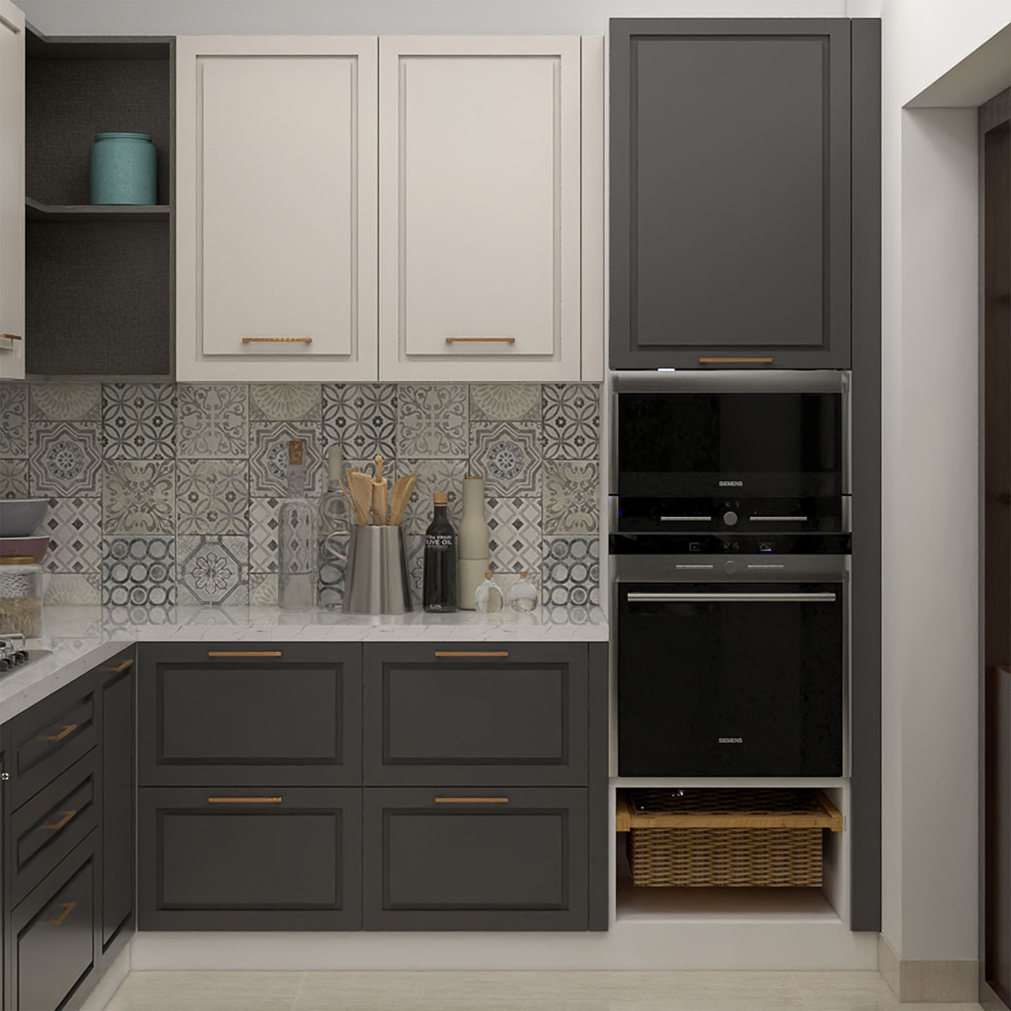 L-Shaped Classic Kitchen Design with Quartz Countertop and Matte Finish ...