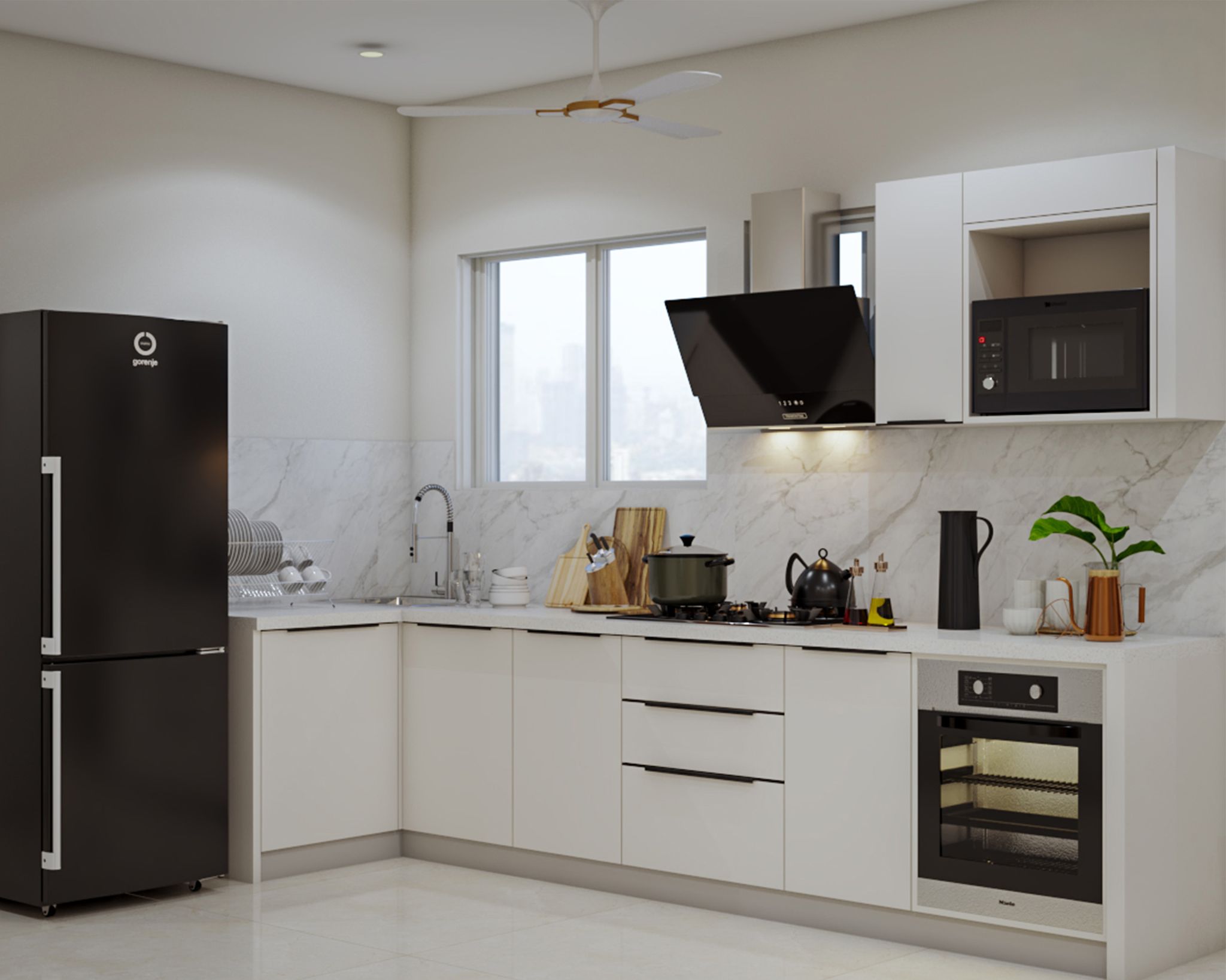 L-Shaped Modern Kitchen Design In White With Corian Countertop and Open ...